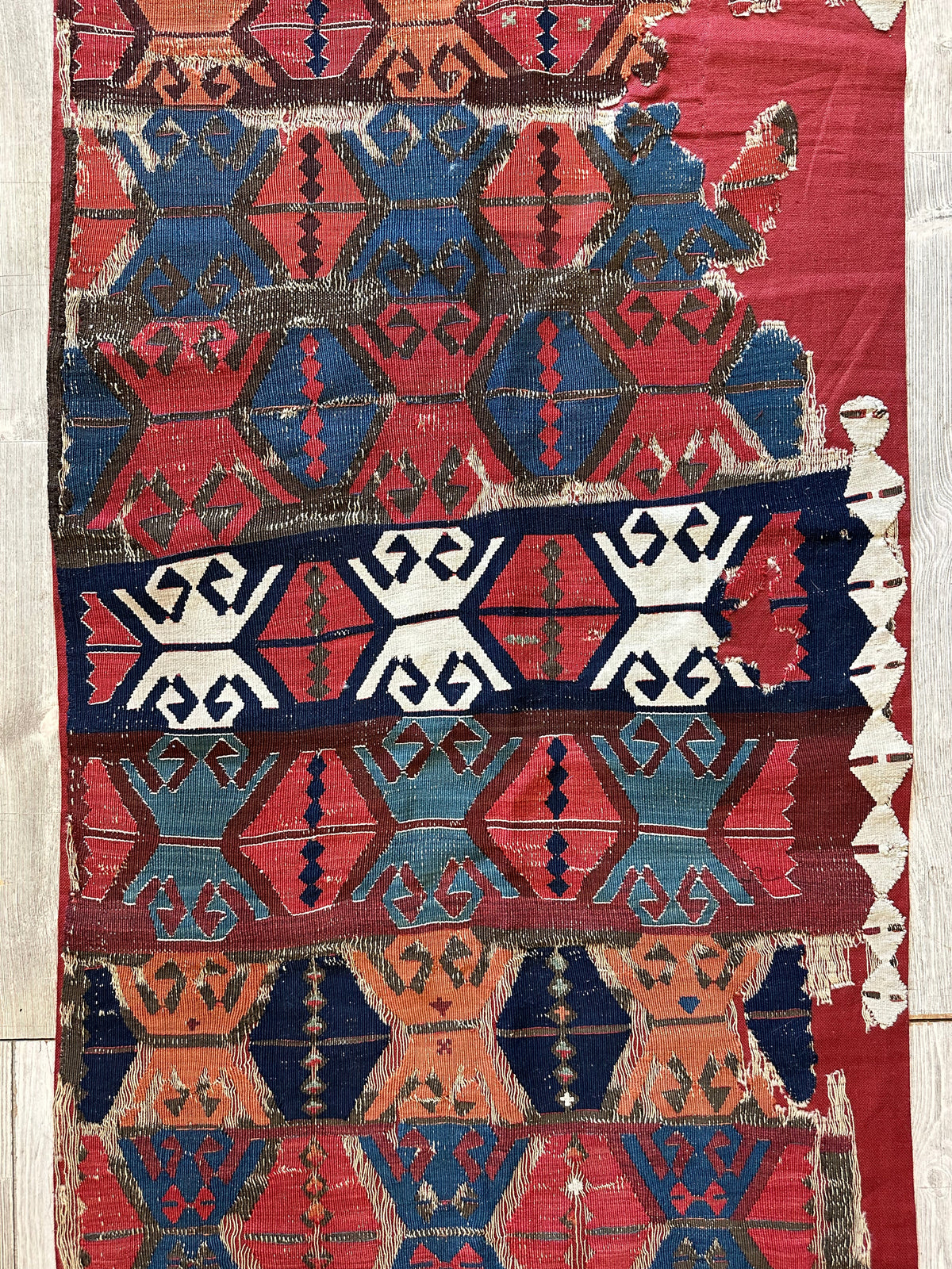 Antique Turkish Kilim Runner 2x11 | Red, Navy & Blue | Hand-Woven Wool Flatweave - Rugistan, view 4