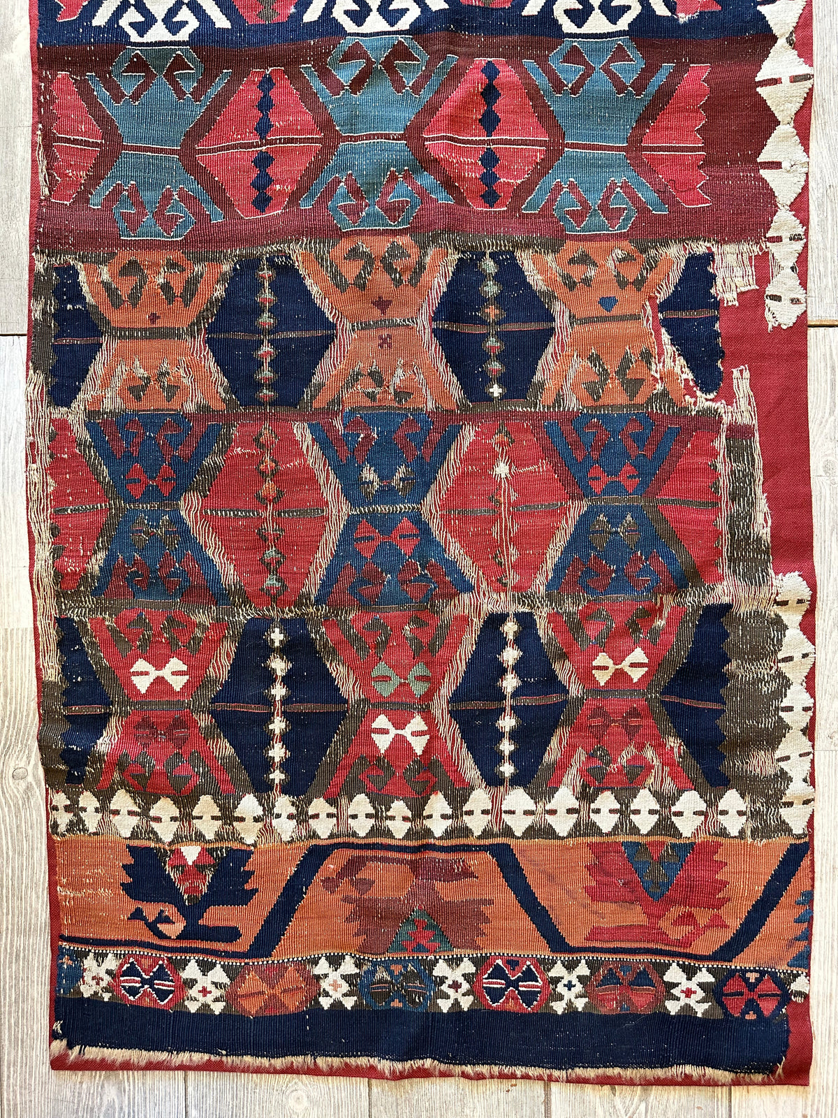 Antique Turkish Kilim Runner 2x11 | Red, Navy & Blue | Hand-Woven Wool Flatweave - Rugistan, view 6