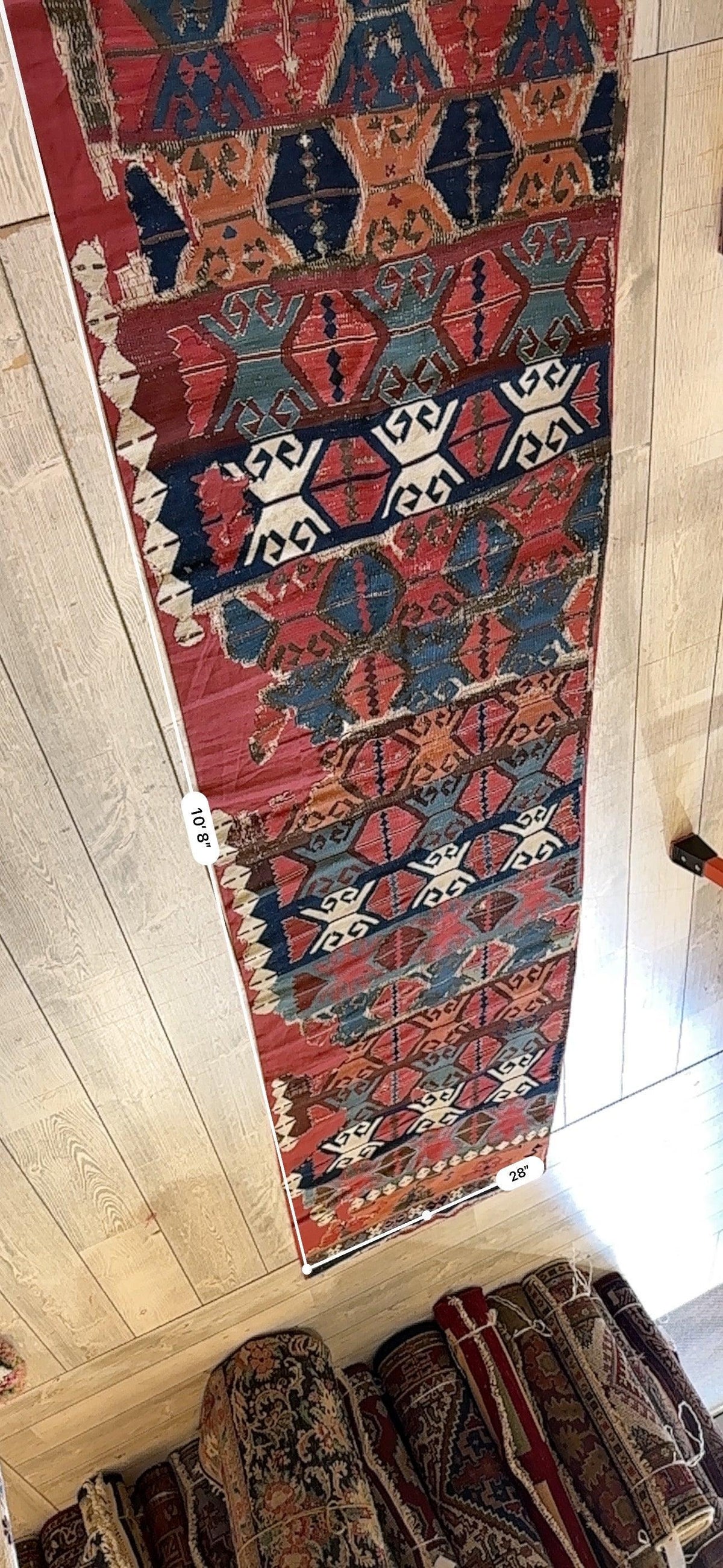 Antique Turkish Kilim Runner 2x11 | Red, Navy & Blue | Hand-Woven Wool Flatweave - Rugistan, view 9