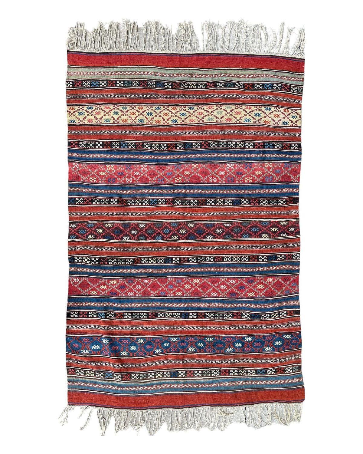 Antique Caucasian Shahsavan Rug 5x7 | Red, Navy & Blue | Hand-Woven Wool Flatweave - Rugistan