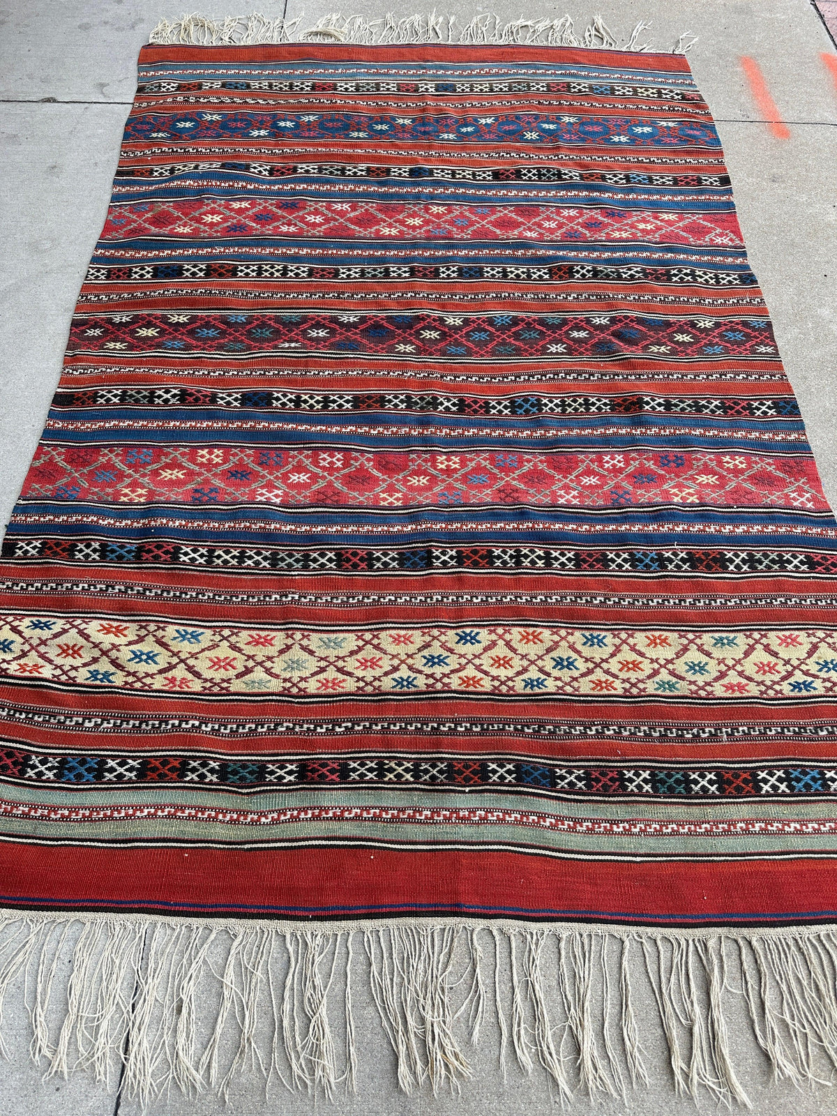 Antique Caucasian Shahsavan Rug 5x7 | Red, Navy & Blue | Hand-Woven Wool Flatweave - Rugistan, view 2