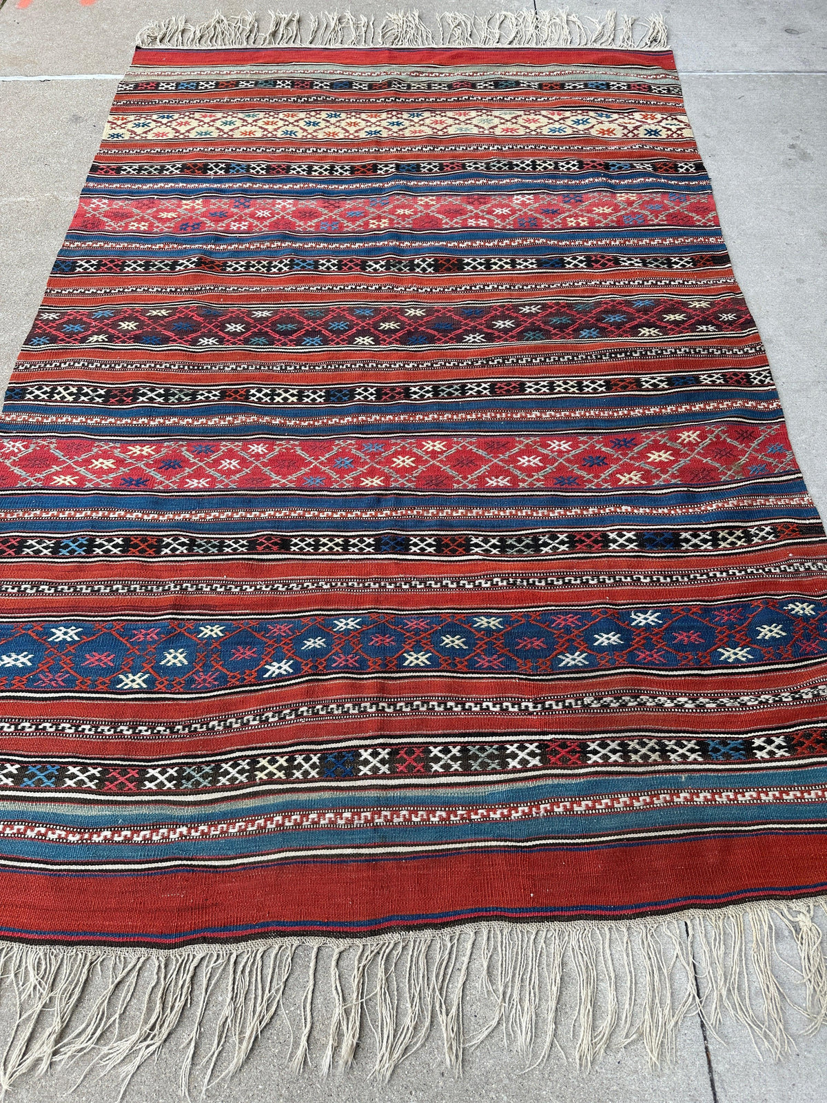 Antique Caucasian Shahsavan Rug 5x7 | Red, Navy & Blue | Hand-Woven Wool Flatweave - Rugistan, view 3