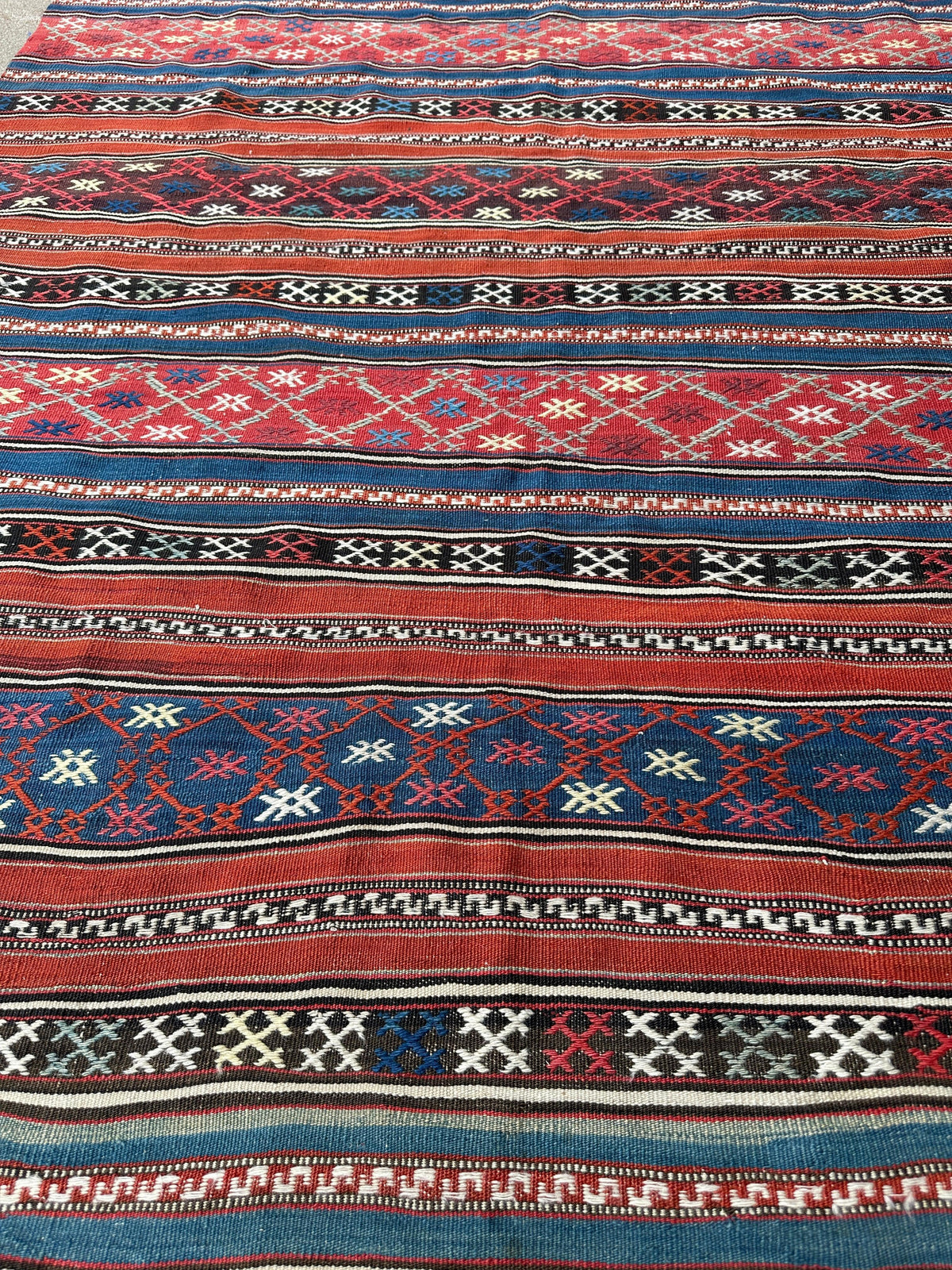 Antique Caucasian Shahsavan Rug 5x7 | Red, Navy & Blue | Hand-Woven Wool Flatweave - Rugistan, view 4