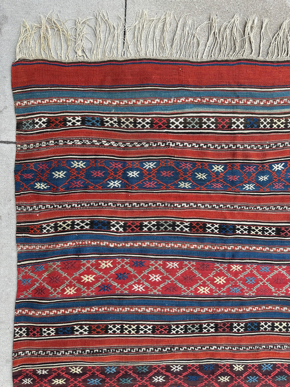 Antique Caucasian Shahsavan Rug 5x7 | Red, Navy & Blue | Hand-Woven Wool Flatweave - Rugistan, view 7
