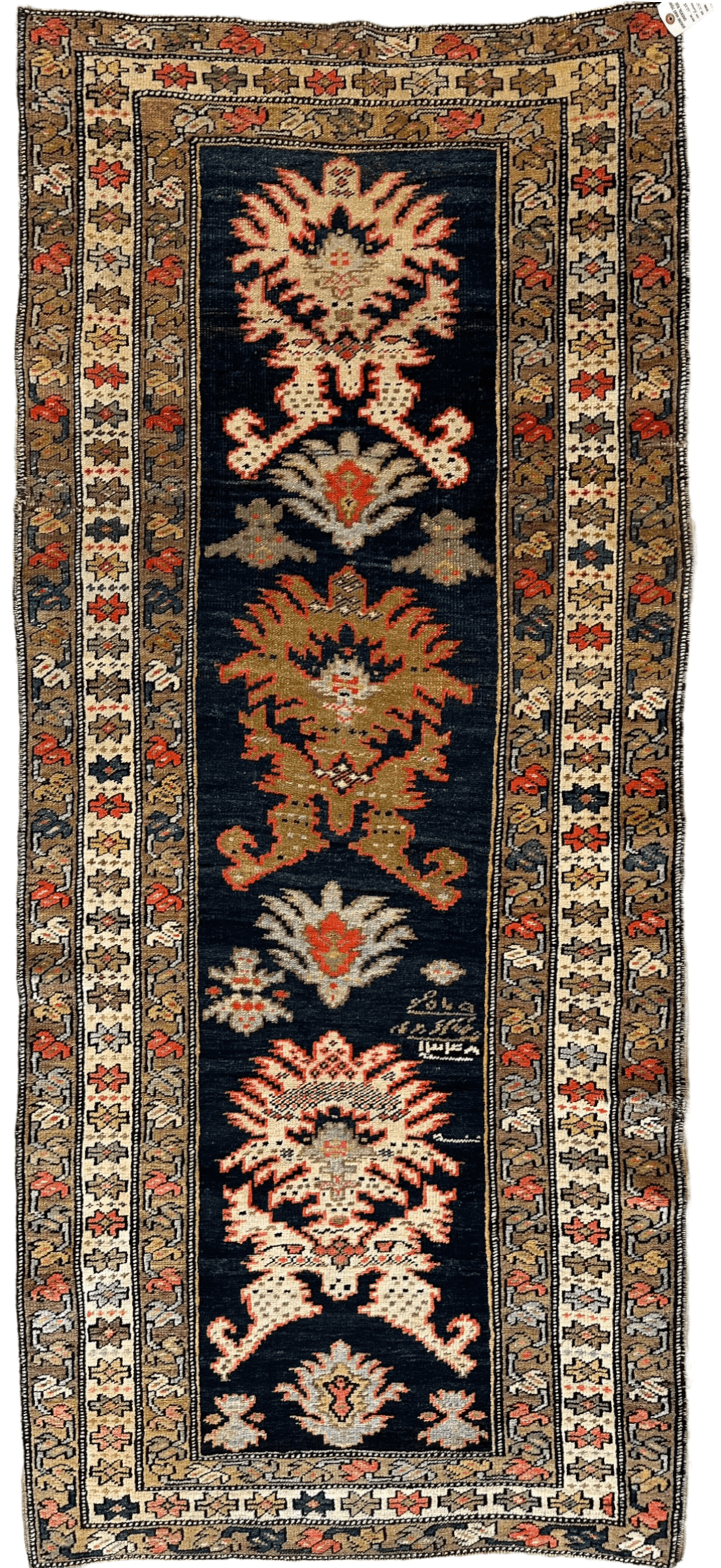 Antique Caucasian Rug 3x7 | Navy, Ivory & Gold | Hand-Knotted Wool - Rugistan