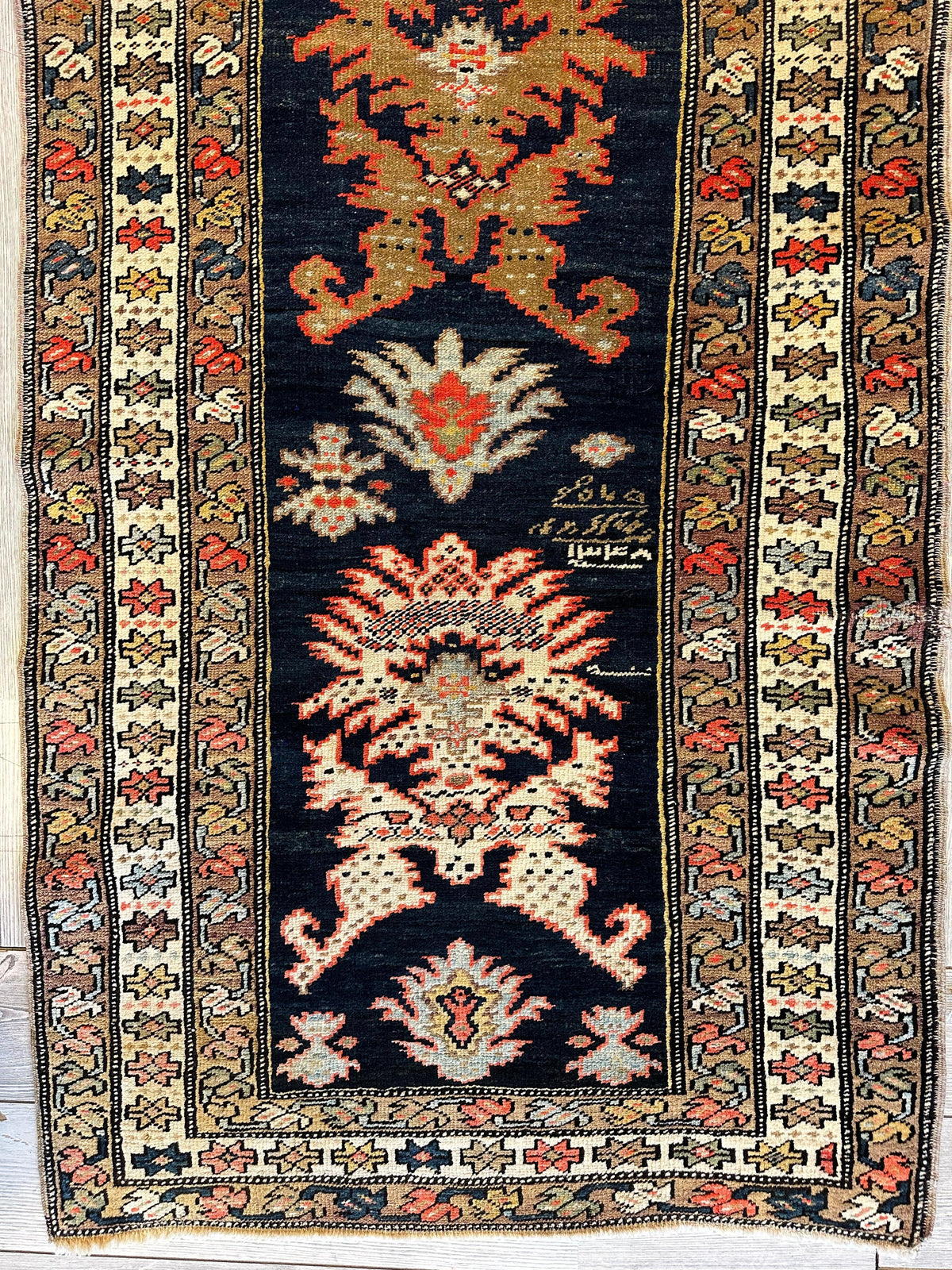 Antique Caucasian Rug 3x7 | Navy, Ivory & Gold | Hand-Knotted Wool - Rugistan, view 3