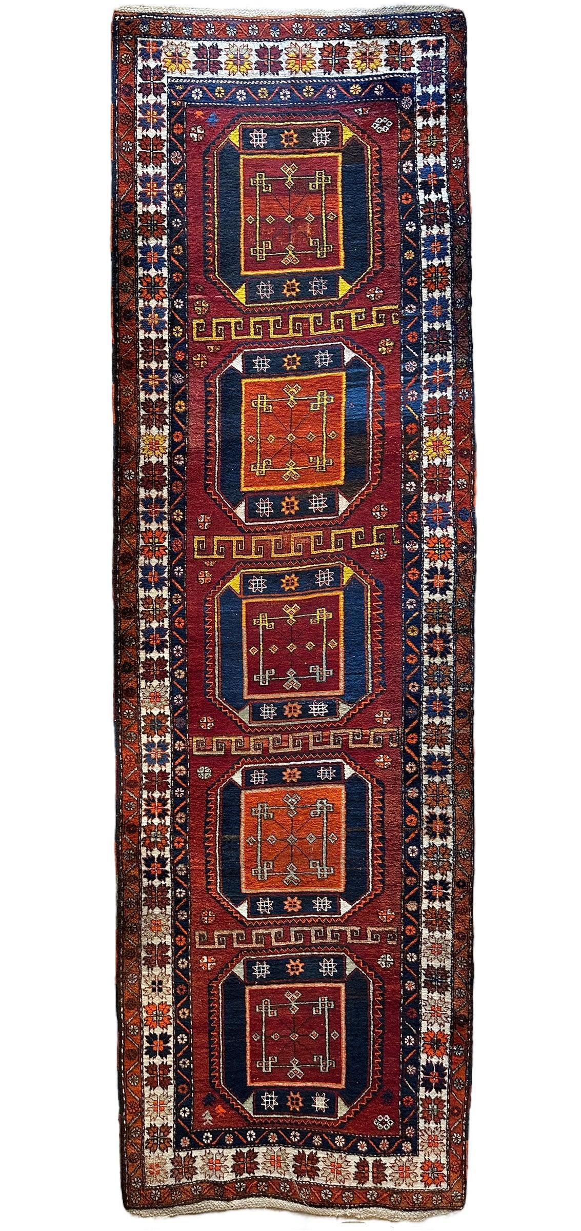 Vintage Persian Kurdish Runner 4x12 | Burgundy, Navy & Ivory | Hand-Knotted Wool - Rugistan