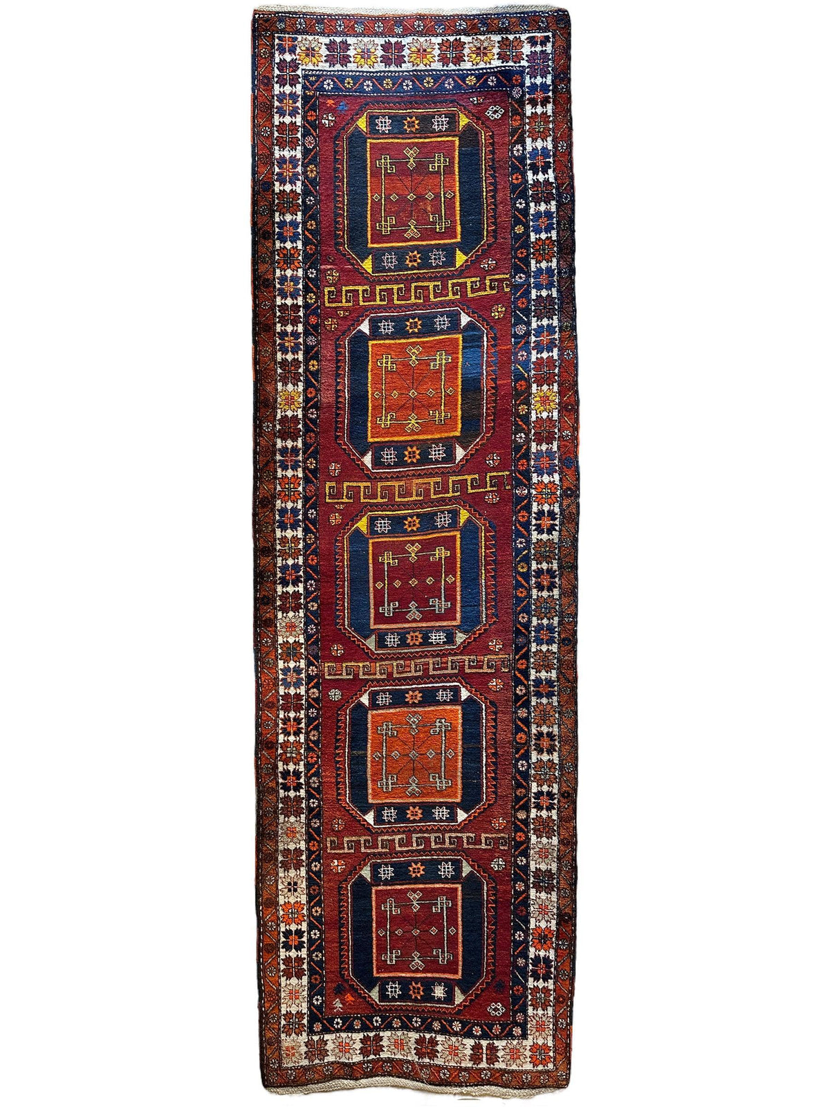 Vintage Persian Kurdish Runner 4x12 | Burgundy, Navy & Ivory | Hand-Knotted Wool - Rugistan, view 2