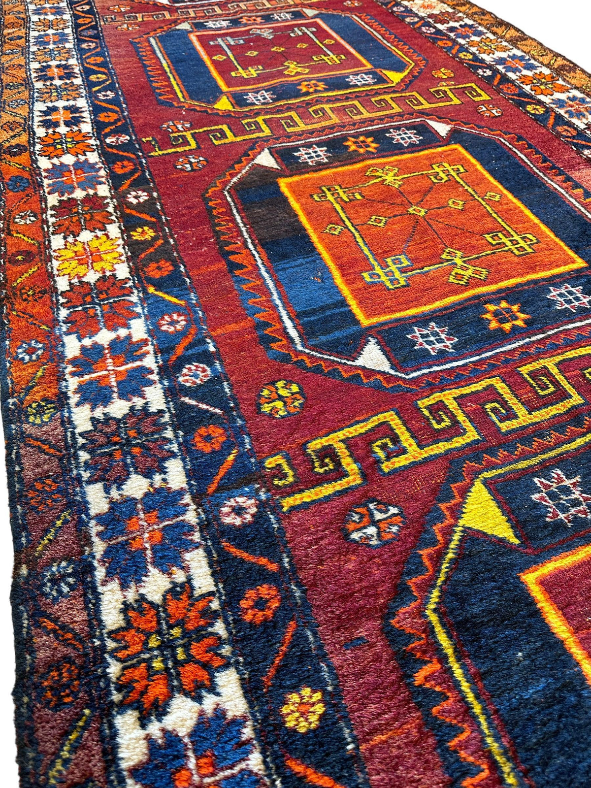 Vintage Persian Kurdish Runner 4x12 | Burgundy, Navy & Ivory | Hand-Knotted Wool - Rugistan, view 3