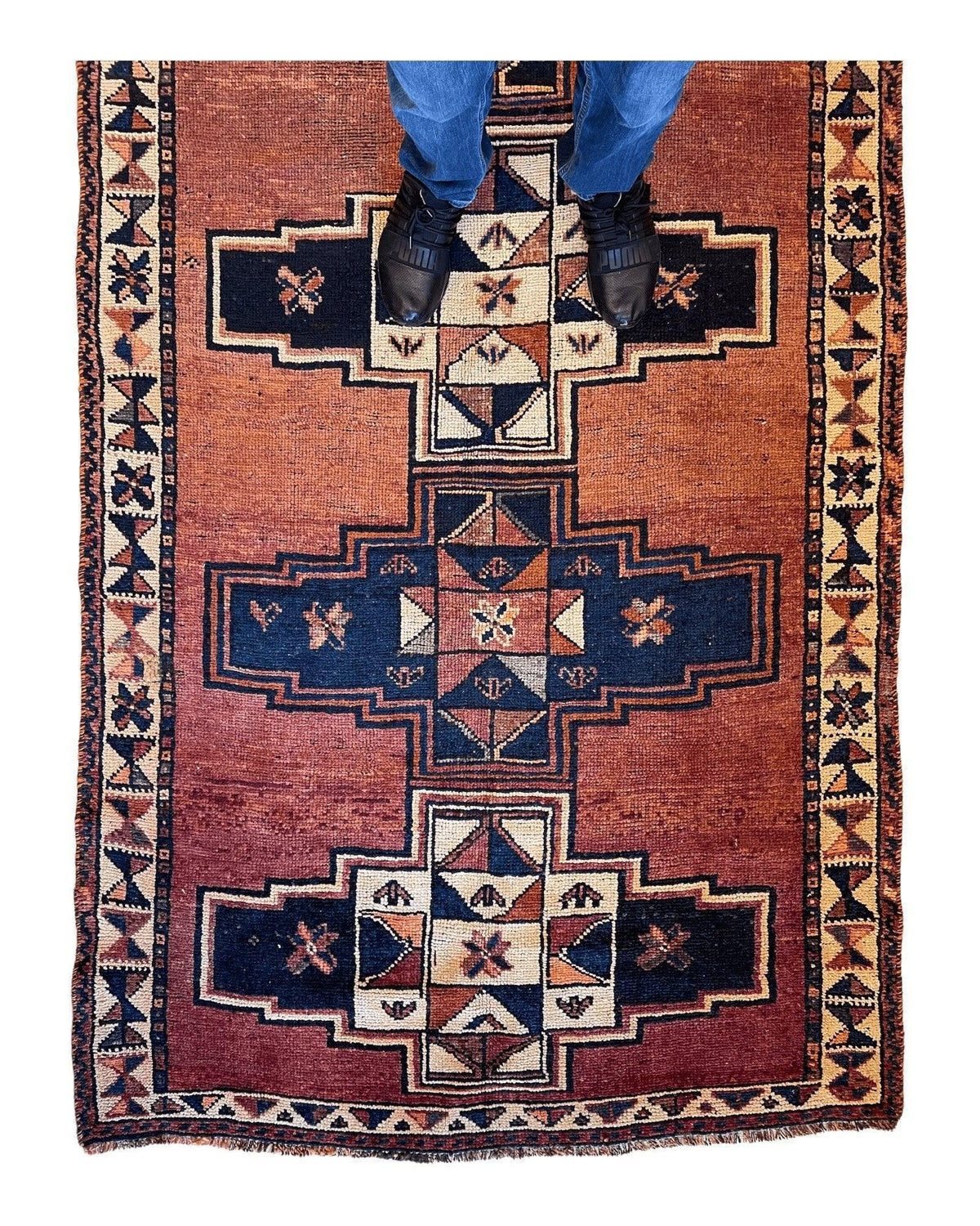 Antique Persian Veramin Runner 4x13 | Rust, Navy & Ivory | Hand-Knotted Wool - Rugistan, view 7