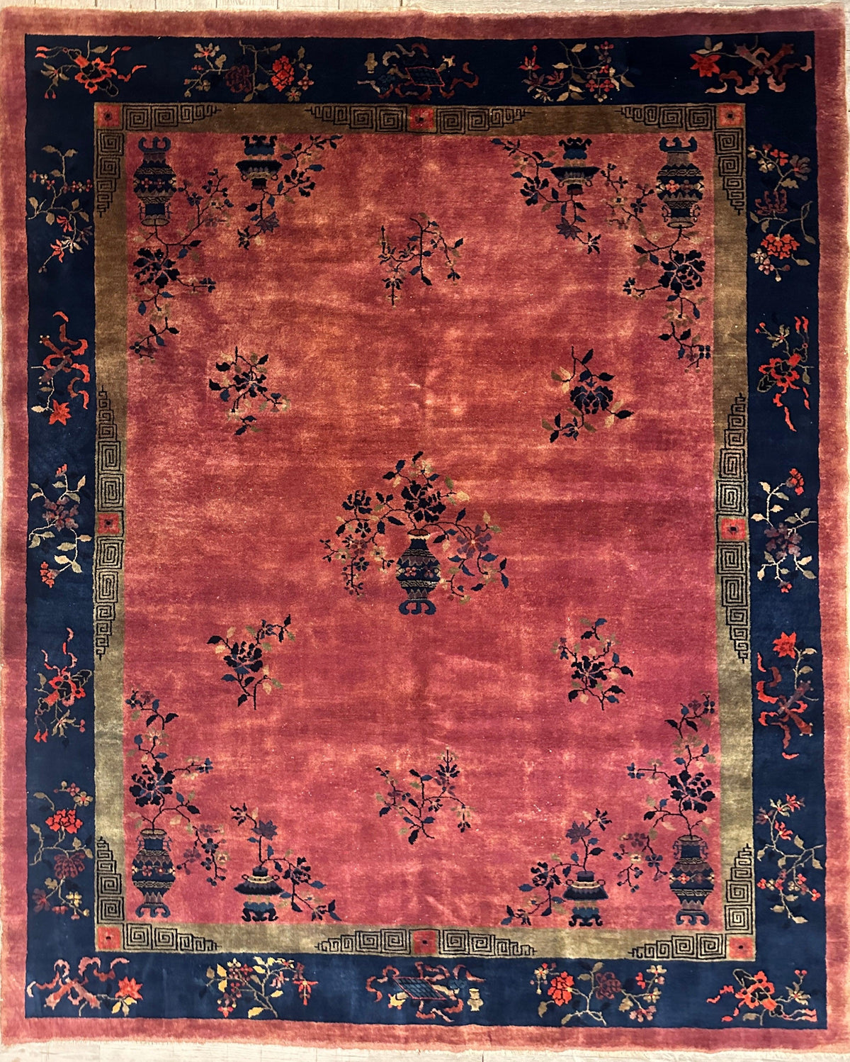 Antique Chinese Rug 8x10 | Pink, Navy & Gold | Hand-Knotted Wool - Rugistan