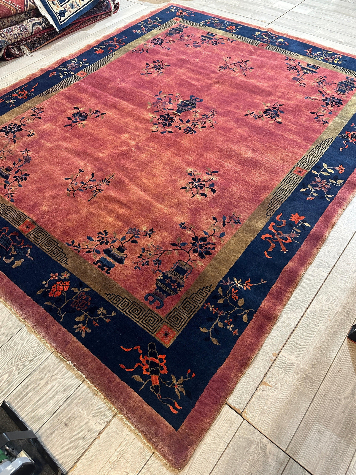 Antique Chinese Rug 8x10 | Pink, Navy & Gold | Hand-Knotted Wool - Rugistan, view 10