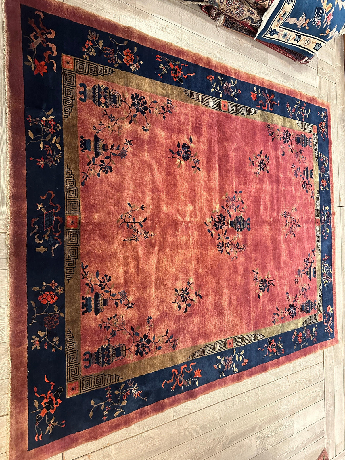 Antique Chinese Rug 8x10 | Pink, Navy & Gold | Hand-Knotted Wool - Rugistan, view 12