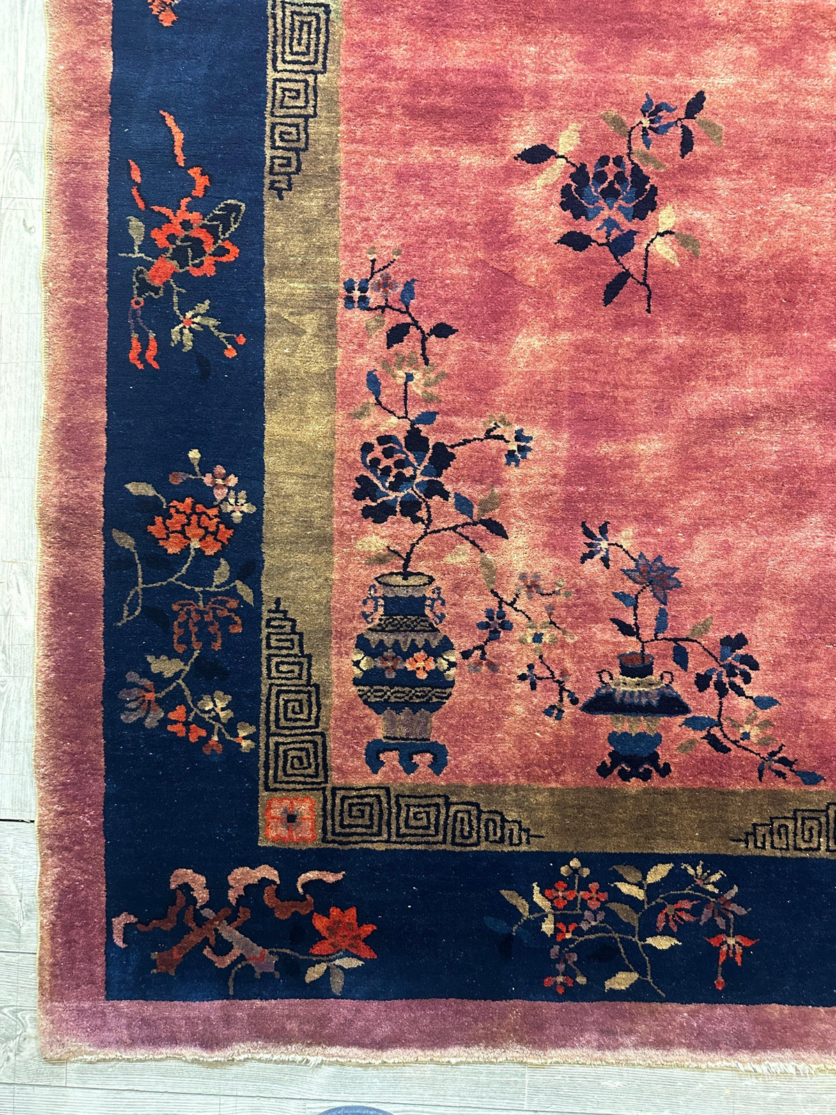 Antique Chinese Rug 8x10 | Pink, Navy & Gold | Hand-Knotted Wool - Rugistan, view 20