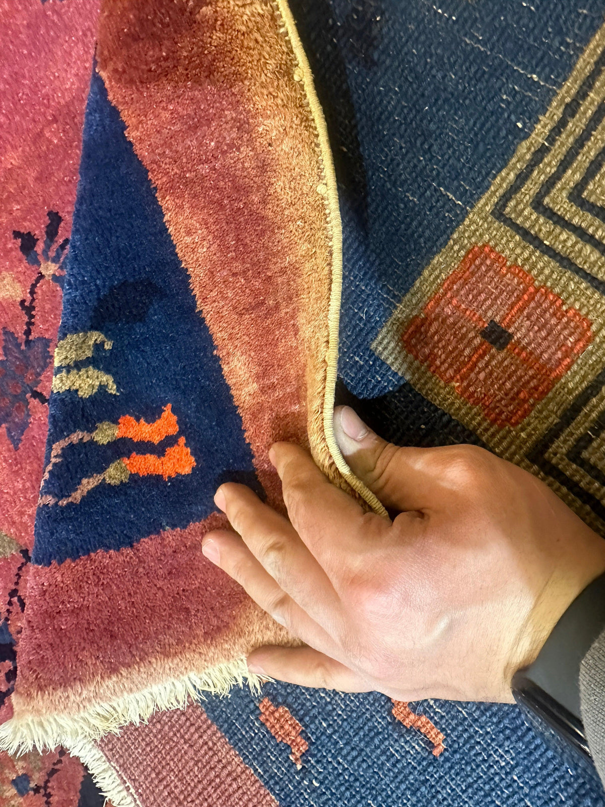 Antique Chinese Rug 8x10 | Pink, Navy & Gold | Hand-Knotted Wool - Rugistan, view 22