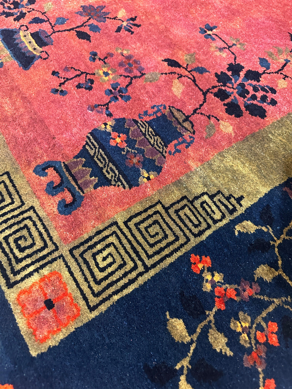 Antique Chinese Rug 8x10 | Pink, Navy & Gold | Hand-Knotted Wool - Rugistan, view 3