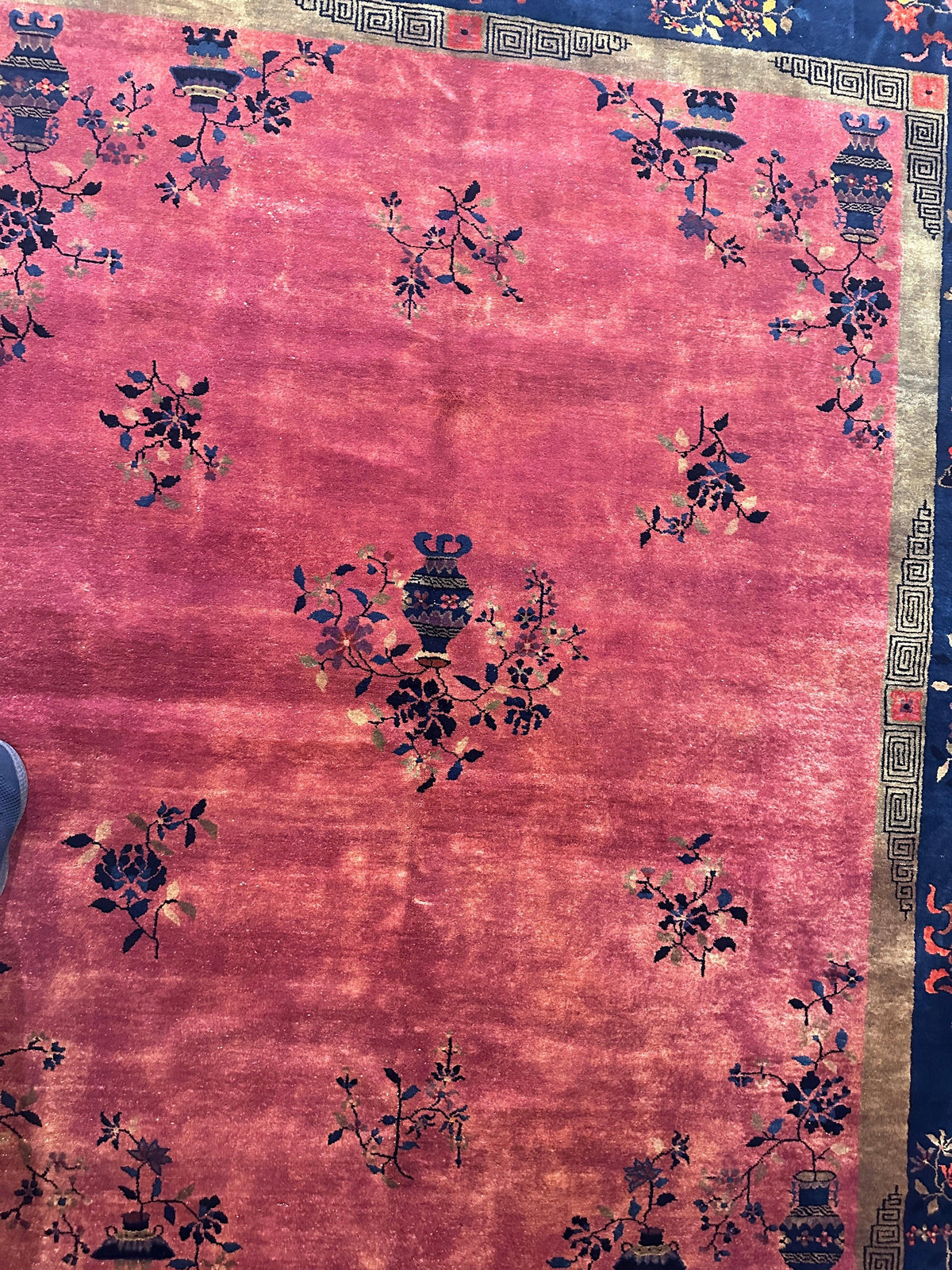 Antique Chinese Rug 8x10 | Pink, Navy & Gold | Hand-Knotted Wool - Rugistan, view 5