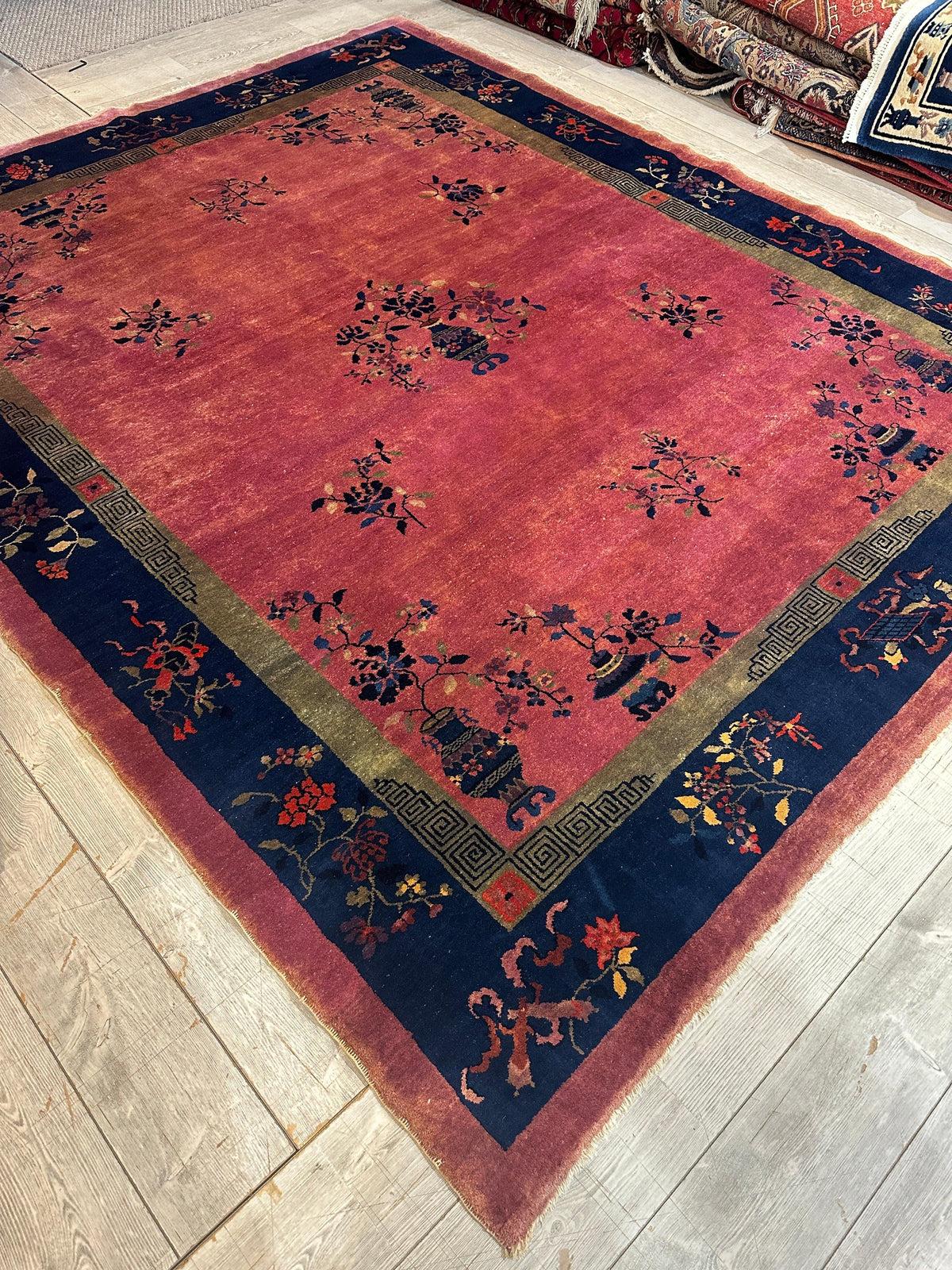 Antique Chinese Rug 8x10 | Pink, Navy & Gold | Hand-Knotted Wool - Rugistan, view 7