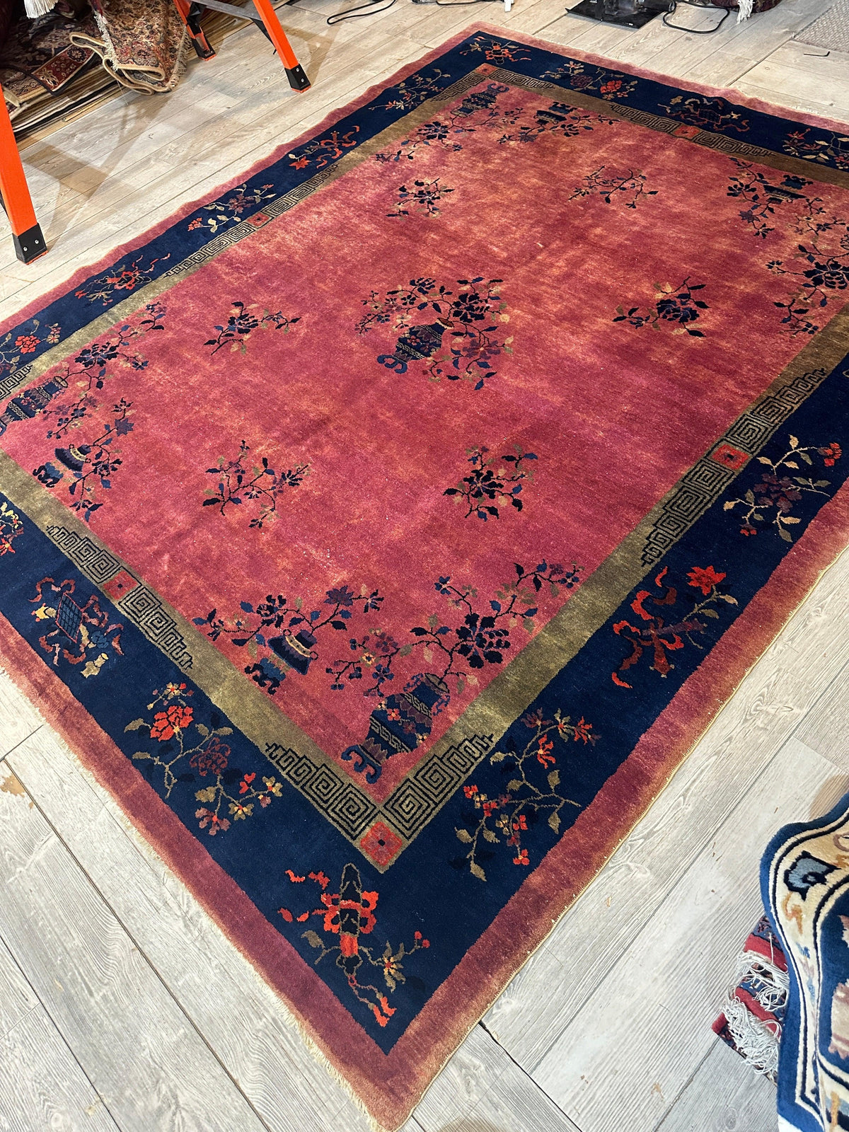Antique Chinese Rug 8x10 | Pink, Navy & Gold | Hand-Knotted Wool - Rugistan, view 8