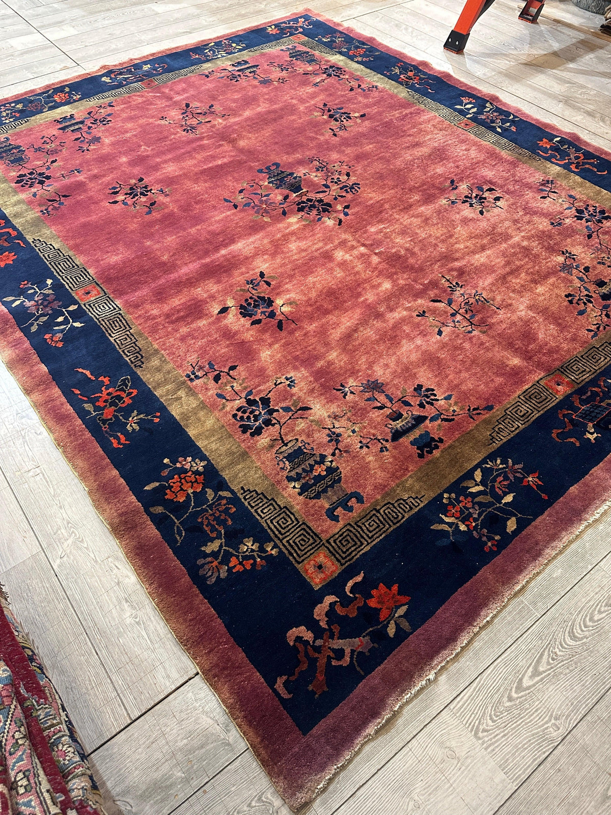 Antique Chinese Rug 8x10 | Pink, Navy & Gold | Hand-Knotted Wool - Rugistan, view 9