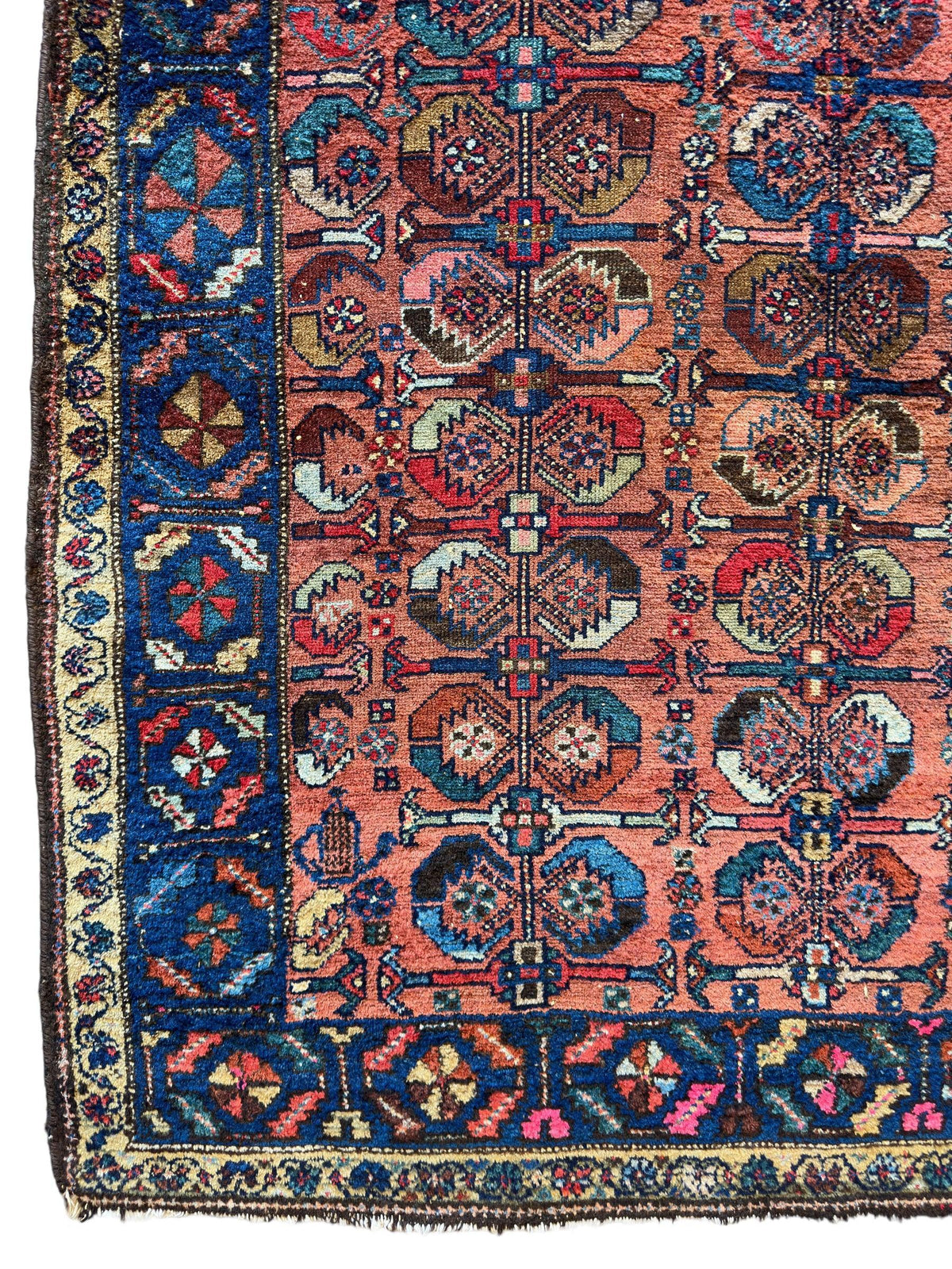 Antique Persian Hamadan Rug 4x4 | Rust, Navy & Blue | Hand-Knotted Wool - Rugistan, view 6