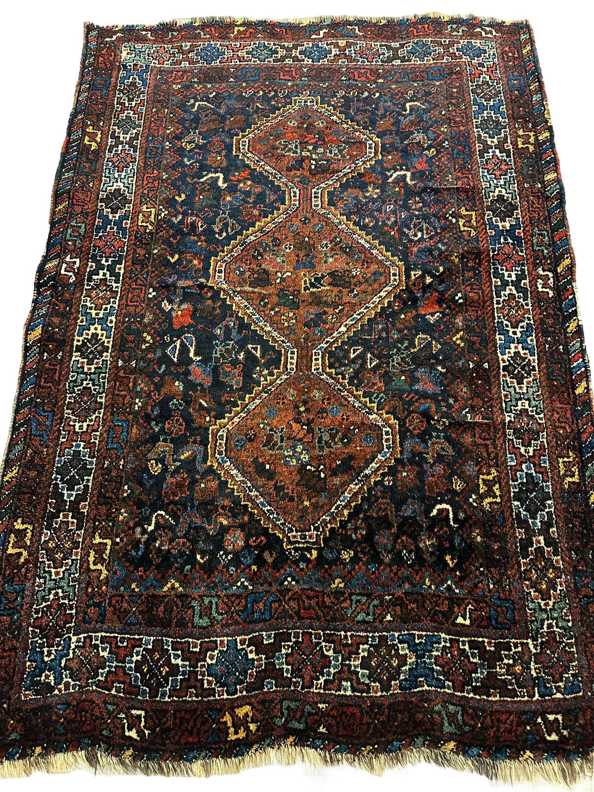 Antique Persian Rug 4x6 | Navy, Rust & Ivory | Hand-Knotted Wool - Rugistan, view 7