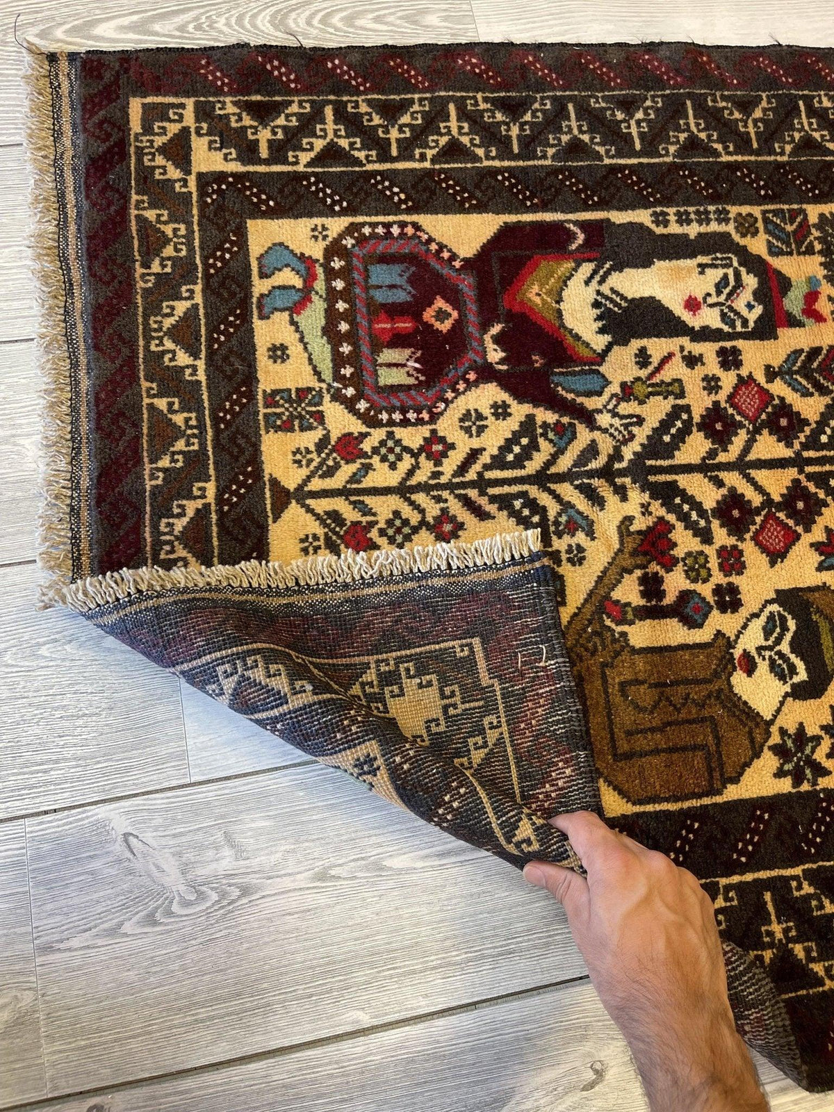 Vintage Afghan Baluch Rug 3x4 | Beige, Brown & Ivory | Hand-Knotted Wool - Rugistan, view 4