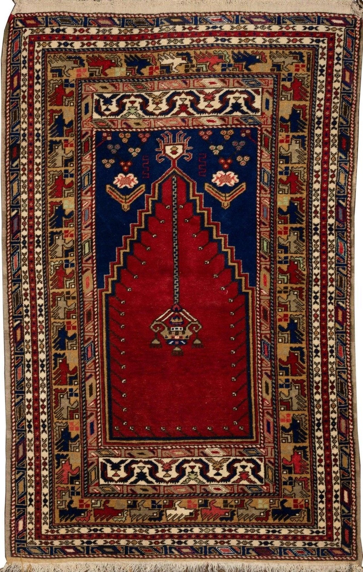 Vintage Turkish Prayer Rug 4x6 | Red, Navy & Gold | Hand-Knotted Wool - Rugistan