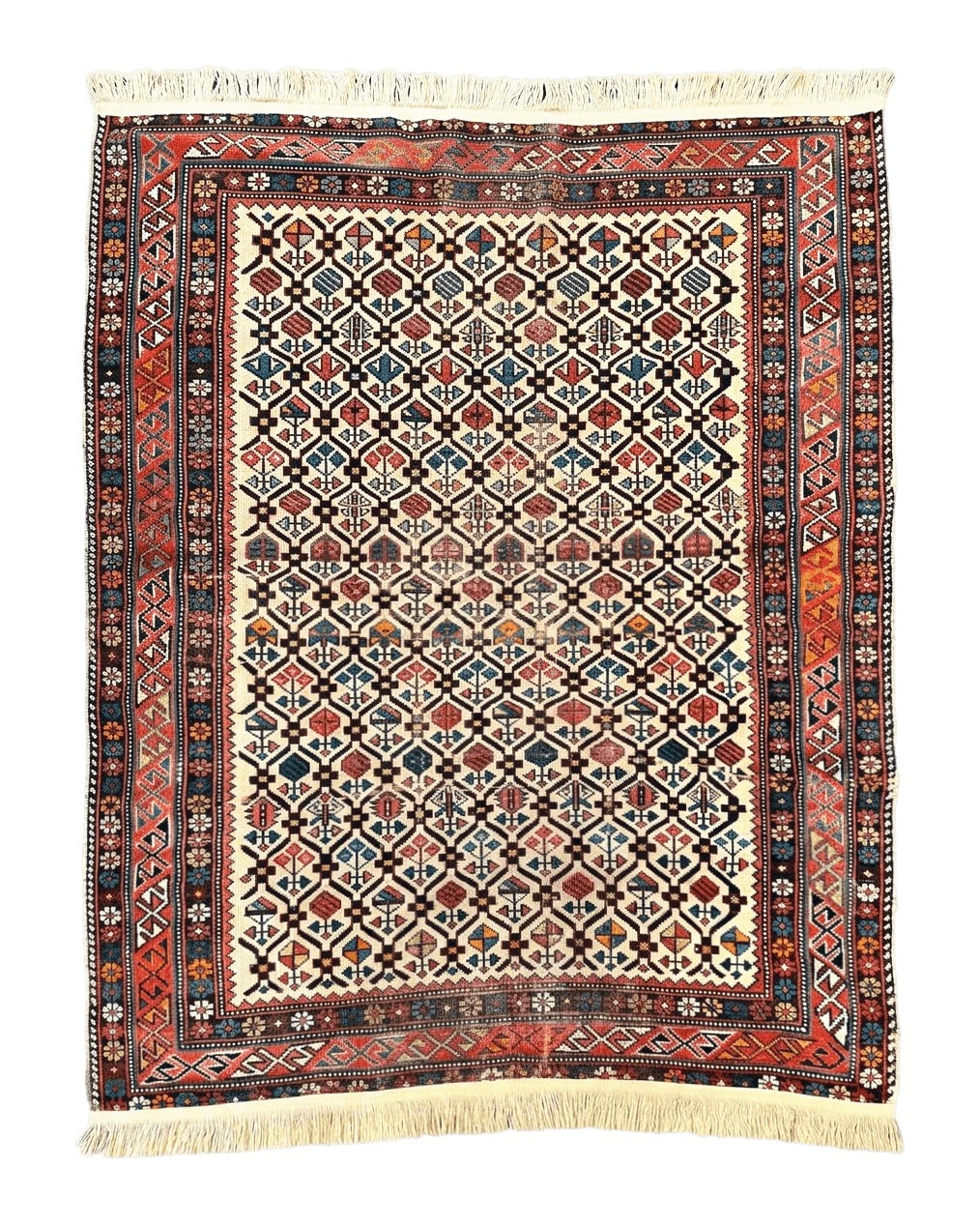 Antique Caucasian Rug 4x5, Hand Knotted Handmade Shirvan Oriental Carpet, Ivory Red Rug Allover Pattern, Rare Wool Rug, Tribal Geometric Rug