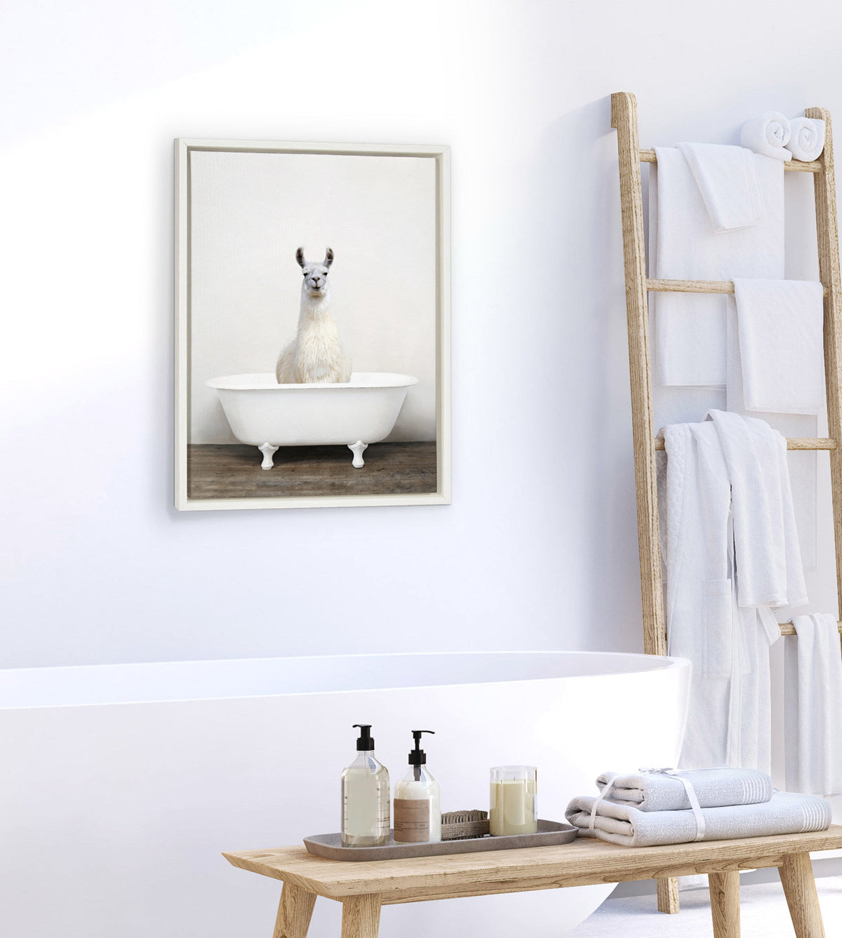 Sylvie Alpaca in the Tub Color Framed Canvas by Amy Peterson Art Studio