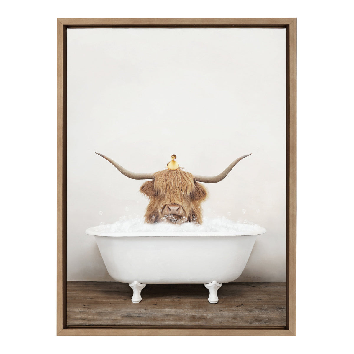 Sylvie Highland Cow and Duckling in Rustic Bath Framed Canvas by Amy Peterson Art Studio