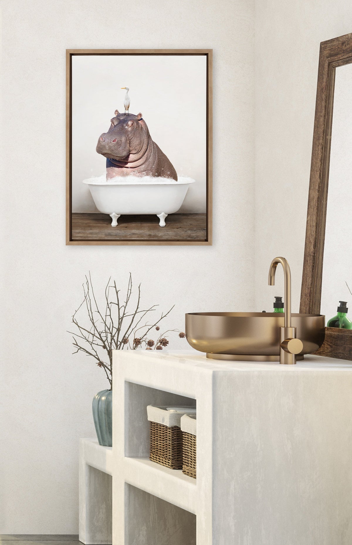 Sylvie Hippo and Bird in Rustic Bath Framed Canvas by Amy Peterson Art Studio