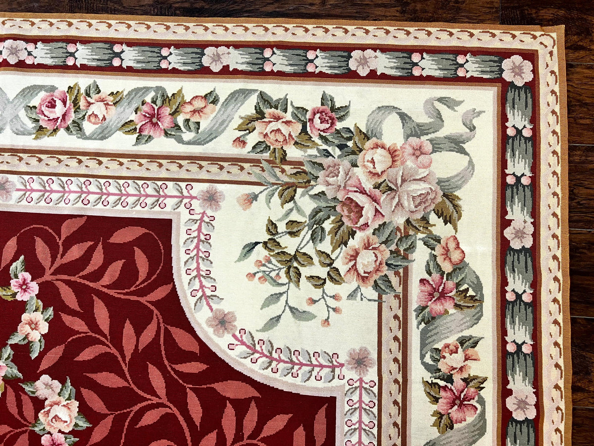 Wonderful Aubusson Rug 9x12, Handmade Vintage Needlepoint Carpet, Red and Ivory, Elegant European Design, Wool - Jewel Rugs, view 8