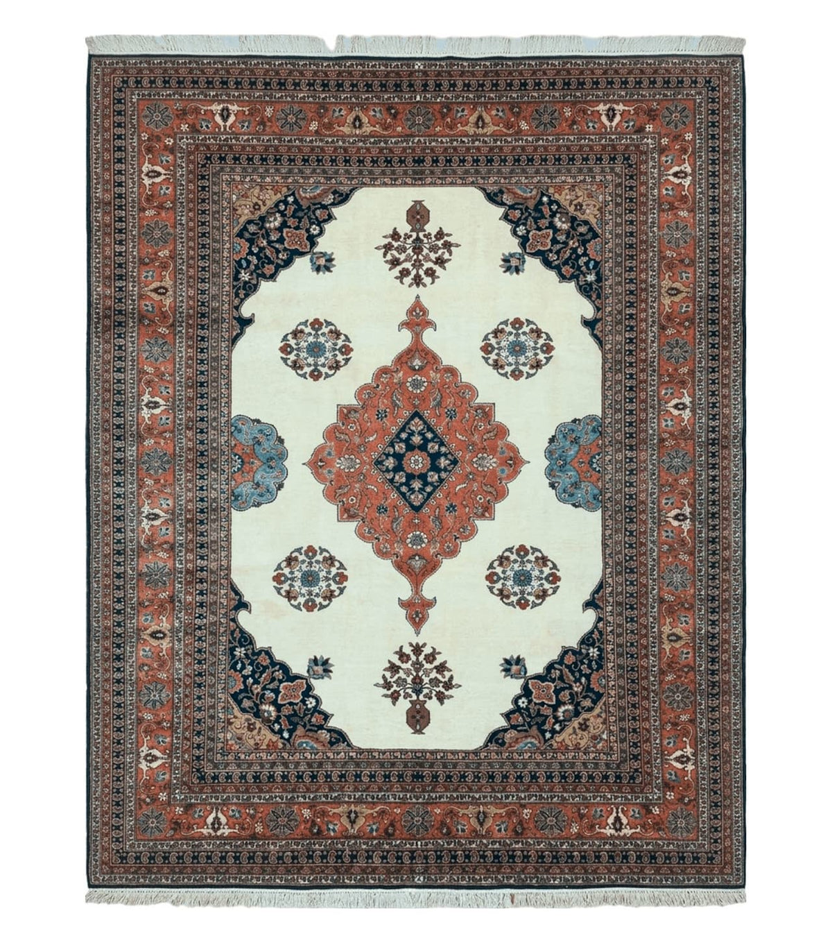 Indo Persian Rug 9x12, Semi Open Field Medallion, Ivory Tomato Red Navy Blue, Hand Knotted Indian Oriental Wool Carpet 9 x 12 ft, Room Sized - Jewel Rugs