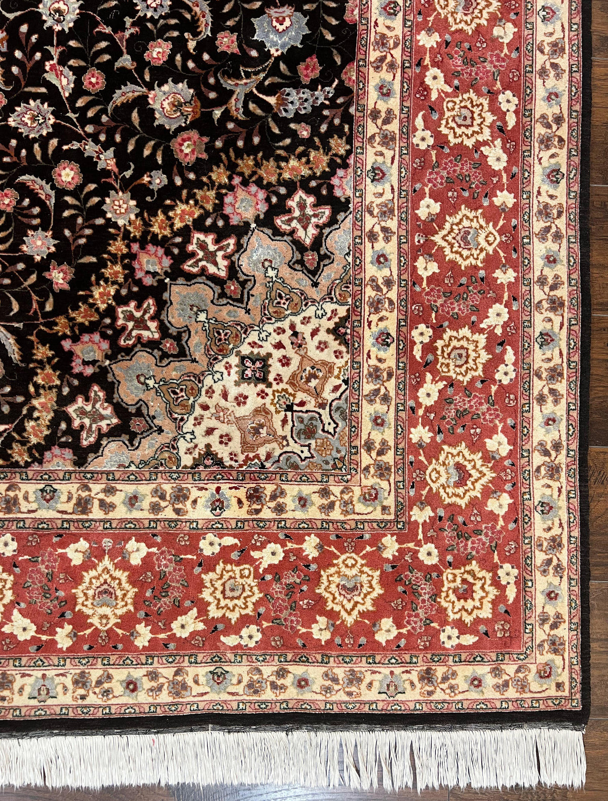 Marvelous Persian Tabriz Rug 7x10 ft, Super Fine 50 Raj, 300+ KPSI, Black and Rust Red, Floral Medallion Handmade Wool Oriental Carpet, Top Quality - Jewel Rugs, view 9