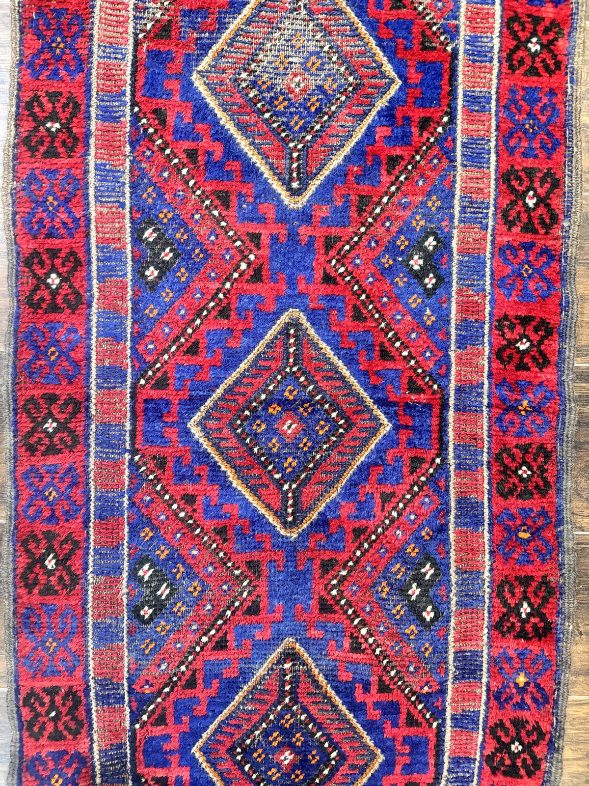 Turkoman Runner Rug 2 x 8.6, Skinny Runner, Handmade Wool Carpet for Hallway, Red and Blue, Wool, Vintage 8ft Runner - Jewel Rugs, view 5