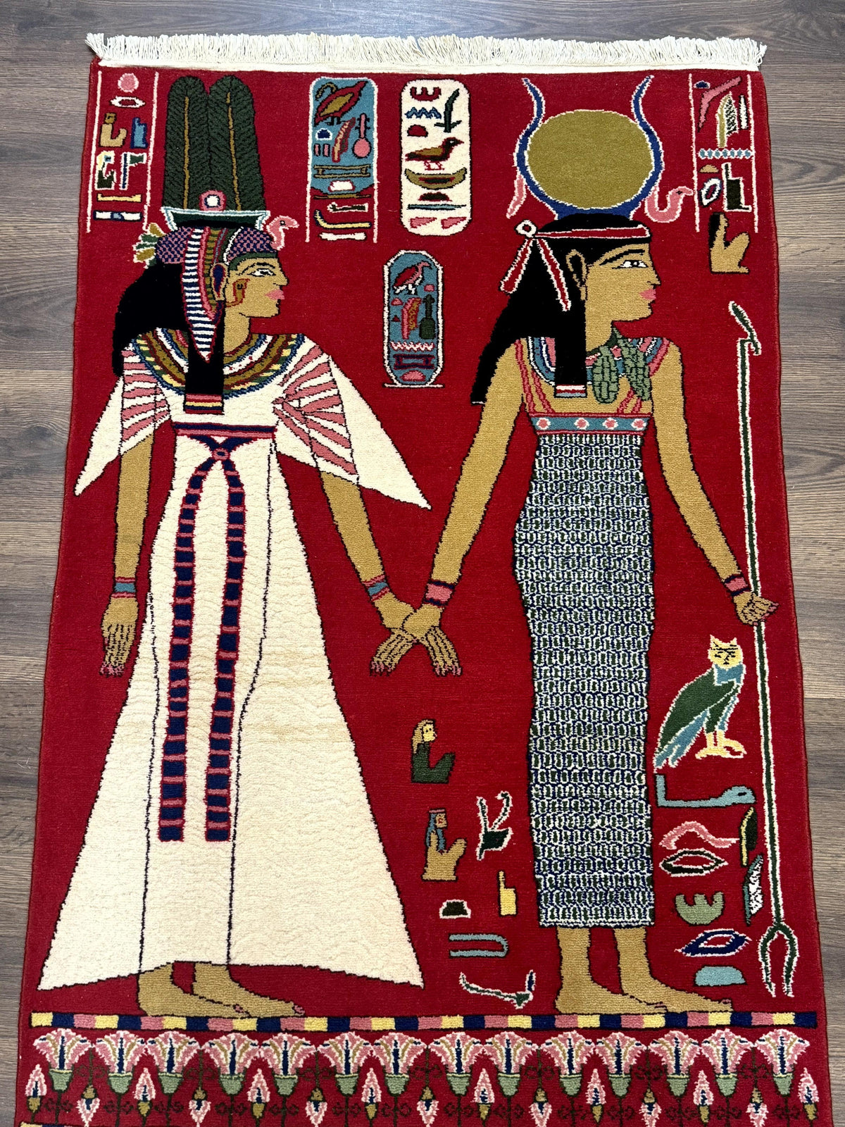 Egyptian Pictorial Rug 3x4, Hieroglyphic Pictorial Rug, Egyptian Prince and Princess, Cleopatra, Vintage Handmade, Red - Jewel Rugs, view 2
