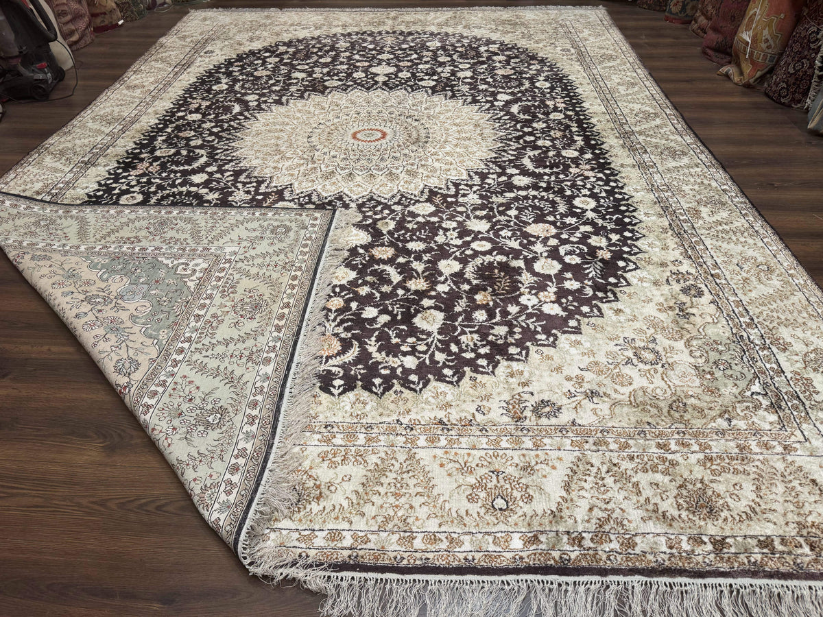 Indian Kashmiri Silk Rug 10x14, Floral Medallion - Jewel Rugs, view 11