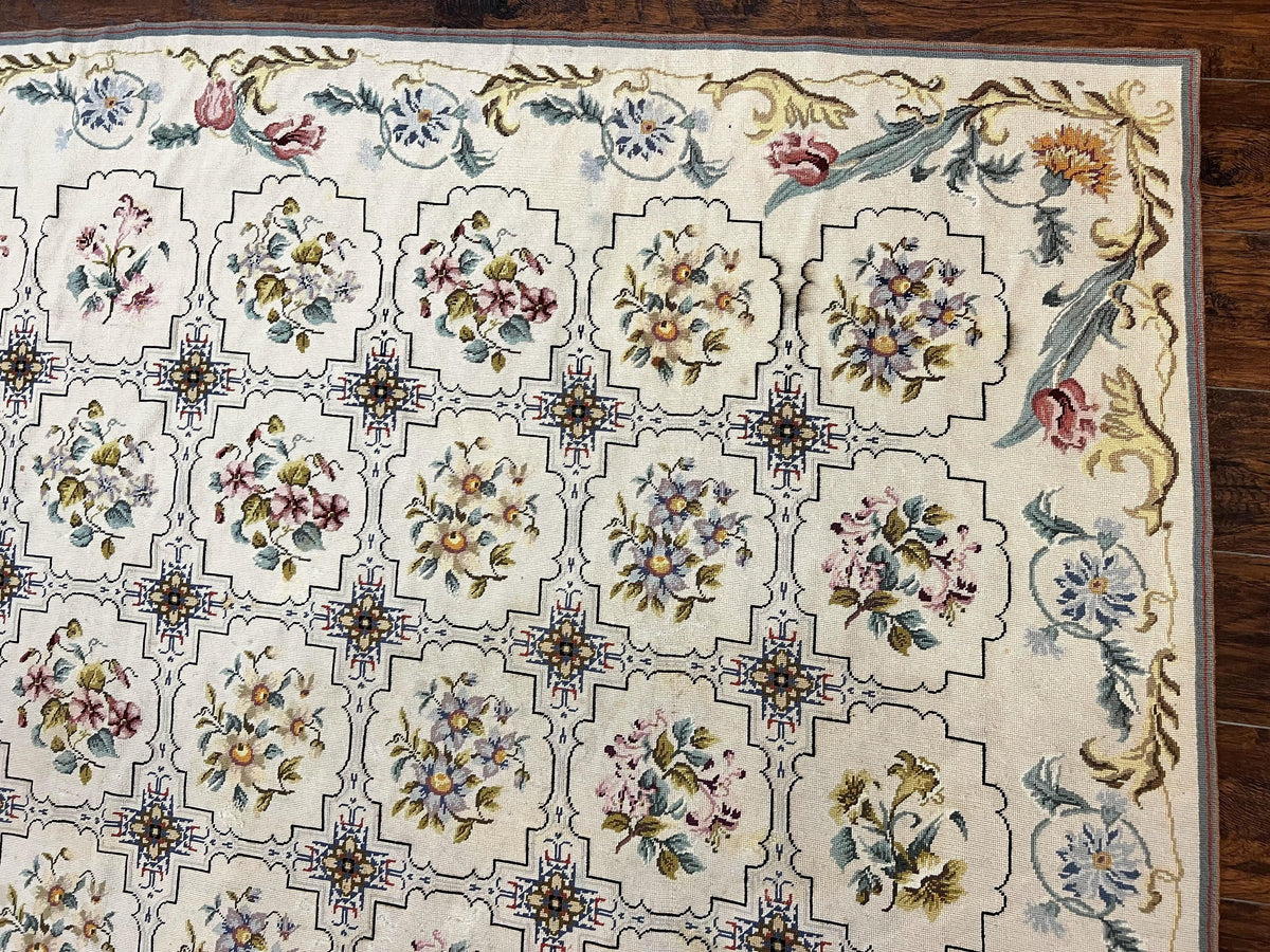 Needlepoint Rug 10x14, Wool Handmade Vintage Needlepoint Carpet, Floral Panel Design, Ivory/Cream - Jewel Rugs, view 8