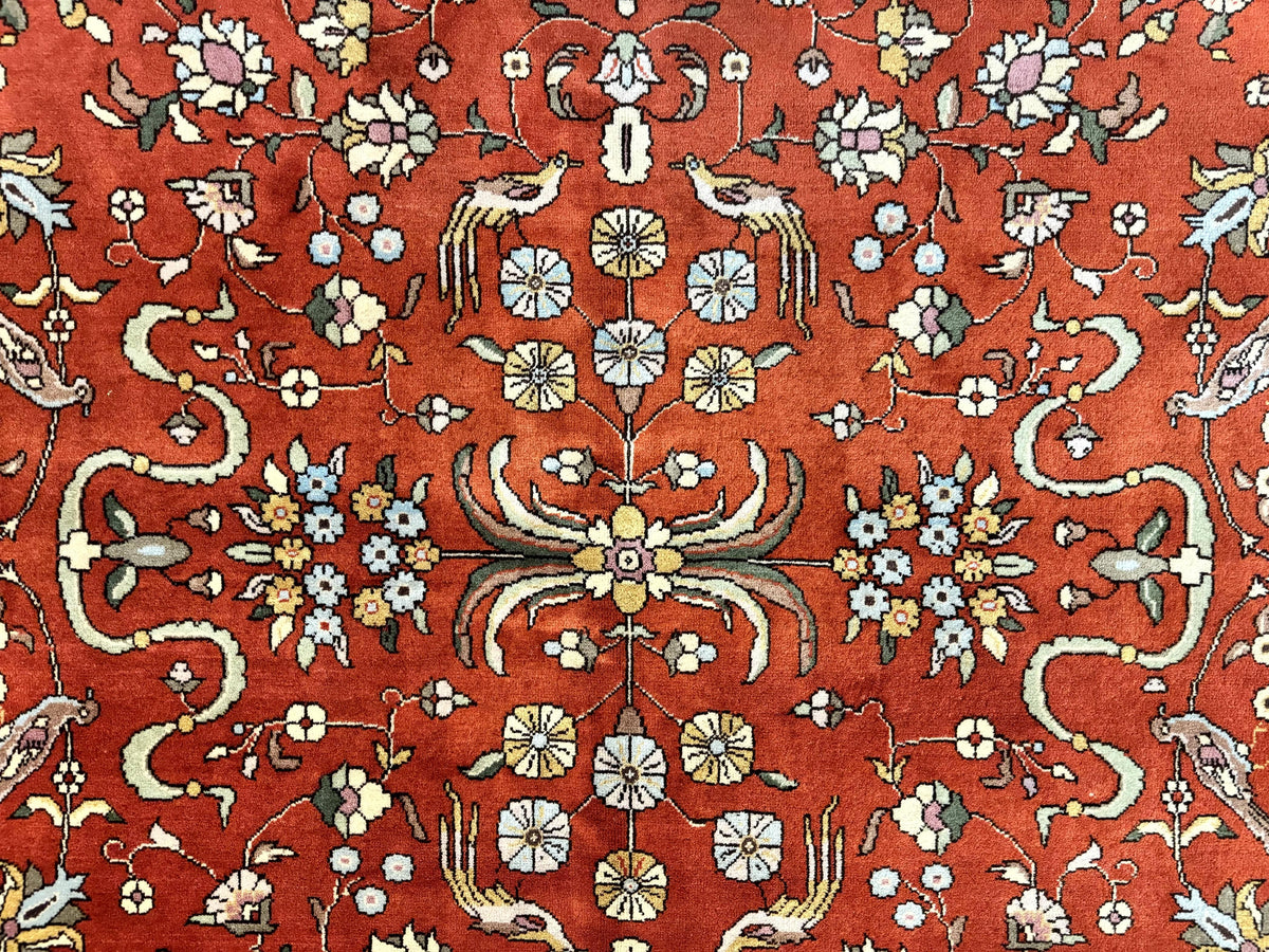 Romanian Rug 10x13, Vintage Handmade Wool Carpet, Floral Pattern, Birds, Red and Cream, Signed By Masterweaver, Persian Rug - Jewel Rugs, view 4
