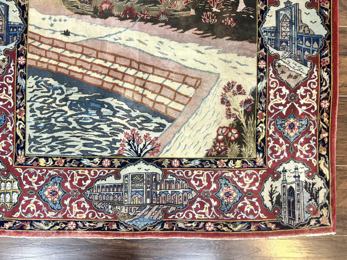 Persian Isfahan Pictorial Rug 3.6 x 5.7, Very Fine 400 KPSI, Historical Buildings, Signed By Masterweaver, Handmade - Jewel Rugs, view 10