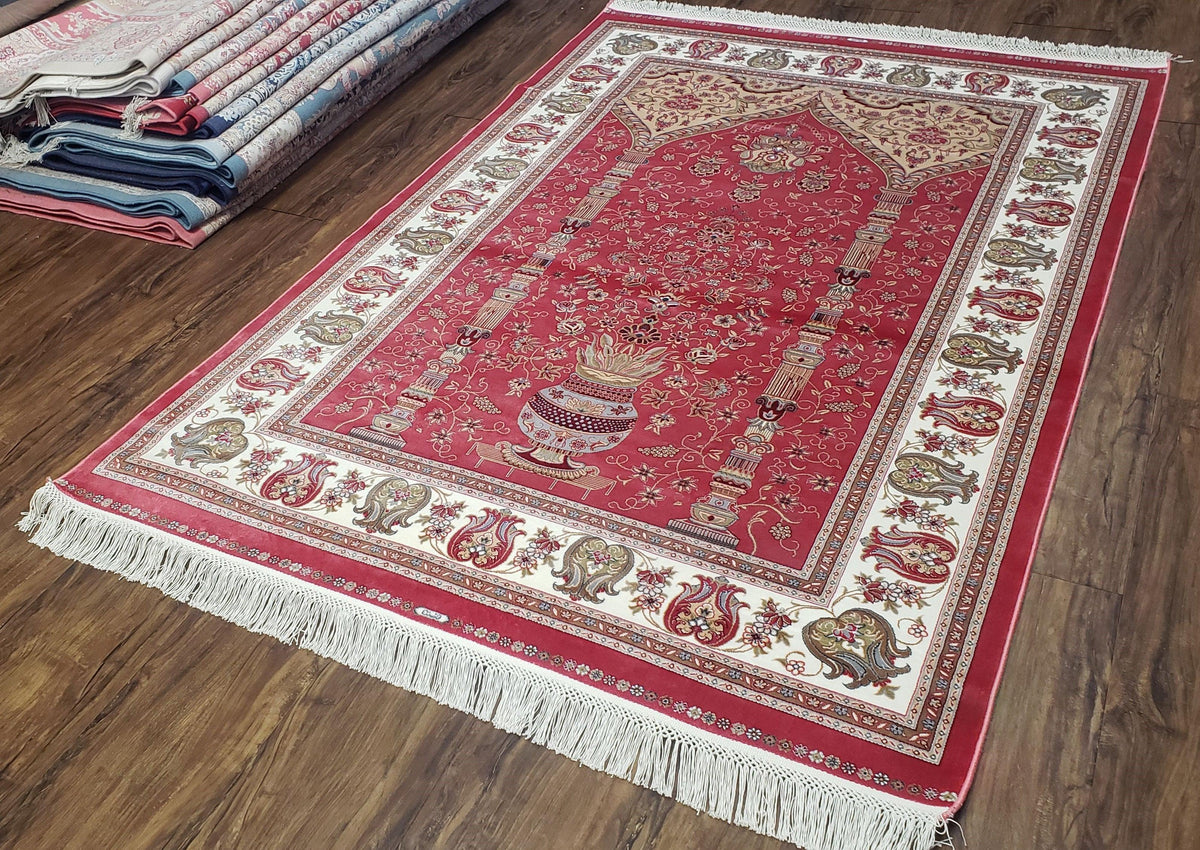 4 x 6 Silk Carpet Red, Traditional Oriental Rug 4x6, Flower Vase Columns, Turkish Rug New, High Quality, Bamboo Silk, Area Rug - Jewel Rugs, view 3