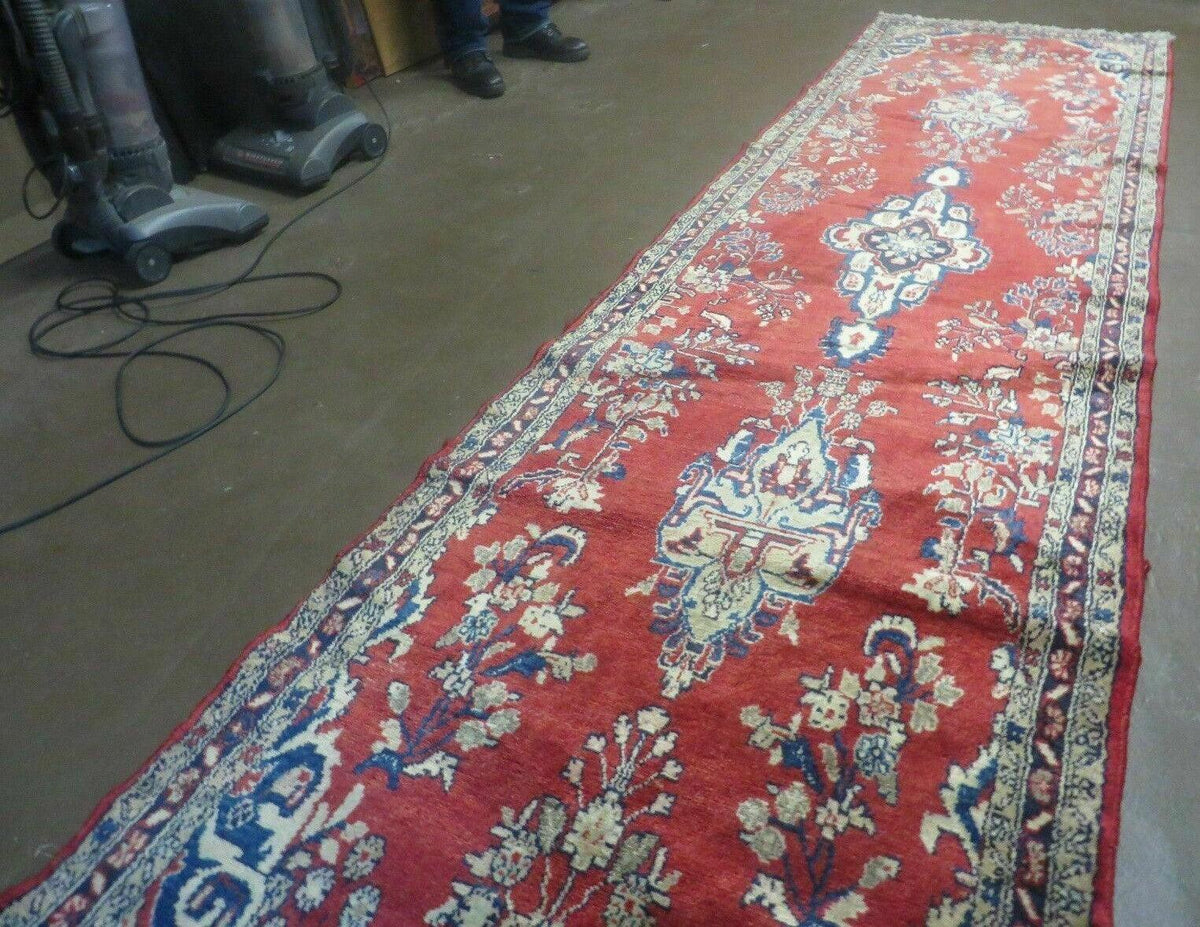 Persian Runner Rug 3 x 12, Antique Wool Oriental Runner, Floral Vases, Red & Navy Blue - Jewel Rugs, view 12