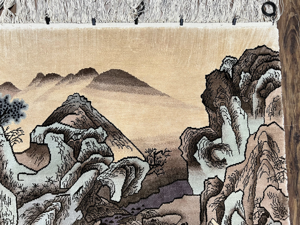 Silk Chinese Wall Hanging Rug 3x6 ft Tapestry, Pagoda Scene, Pictorial, High Quality Fine Hand Knotted Vintage, Asian Oriental Handmade Nice - Jewel Rugs, view 8