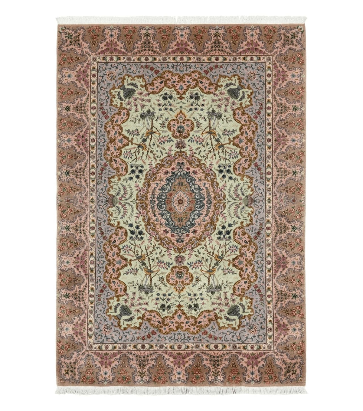 Wonderful Persian Tabriz Rug 7x10, Very Fine 330 KPSI, Light Green Light Blue Pink, Kork Wool Silk Foundation, Bird Pictorials - Jewel Rugs