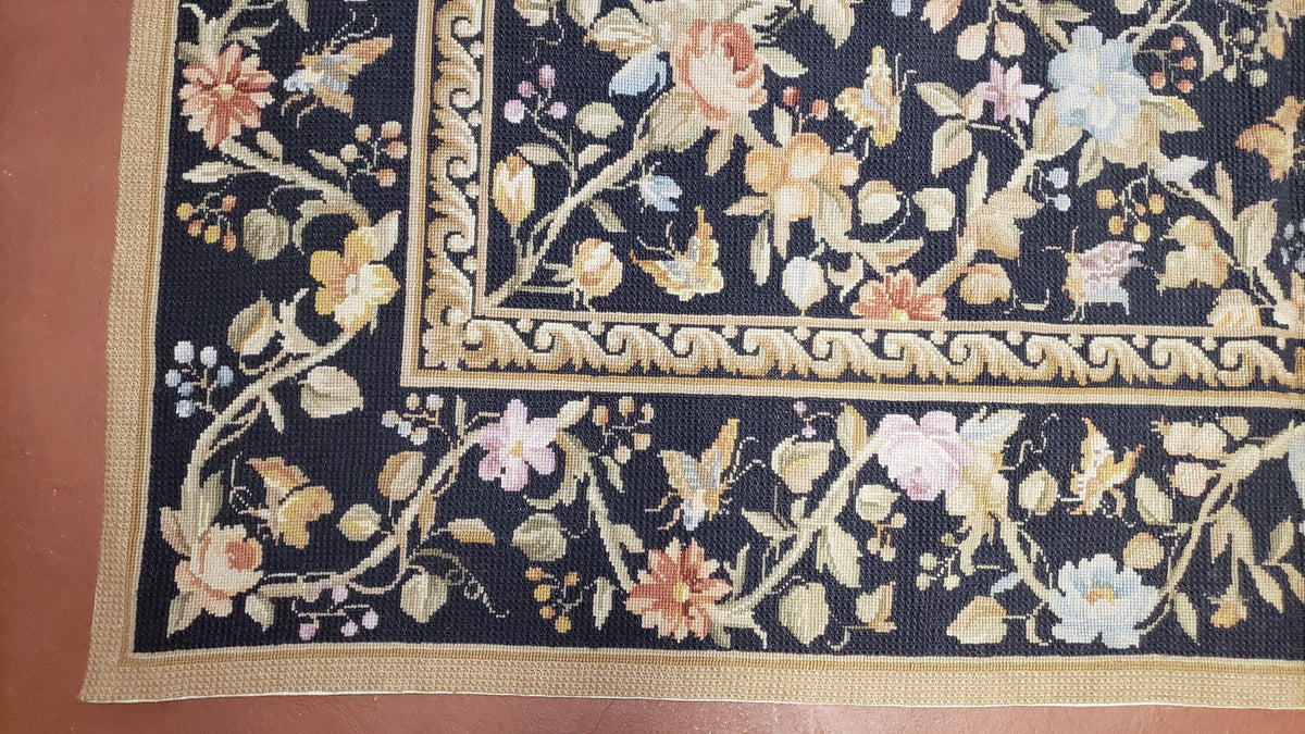 6x9 Vintage Needlepoint Rug, Petitepoint Carpet, Butterflies Floral Design - Jewel Rugs, view 8