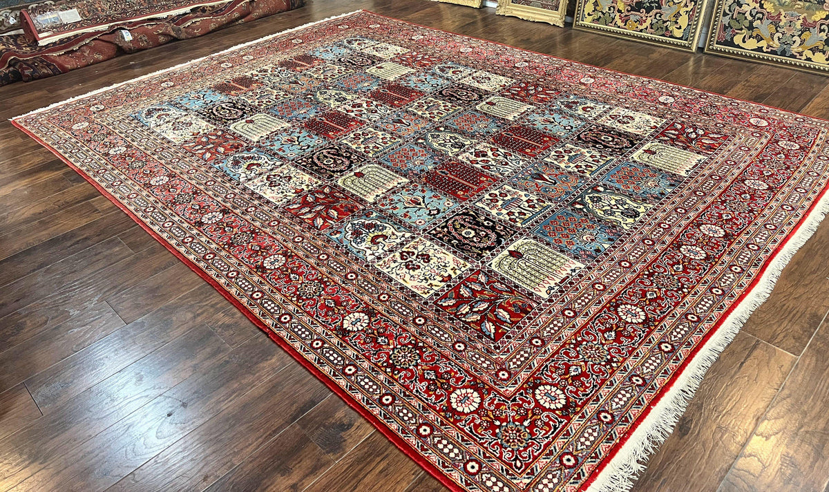 Persian Qum Rug 9x13, Multicolor Panel Design, Red Blue Cream, Hand Knotted Vintage Large Wool Rug - Jewel Rugs, view 2