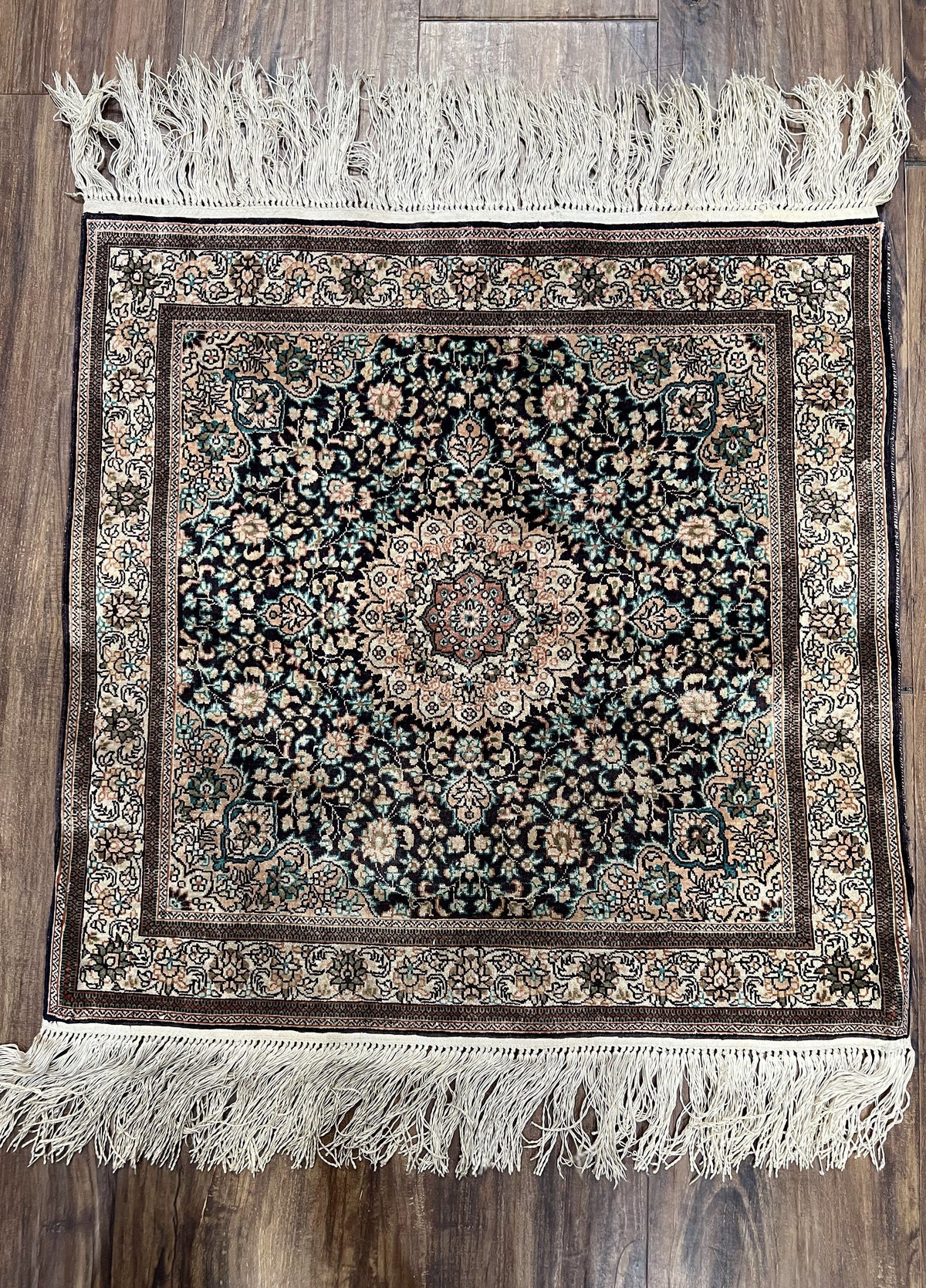 Sino Persian Silk Rug 2x2 ft, Very Fine High KPSI Small Silk Oriental Carpet, Hand-Knotted, Medallion, Vintage Silk Rug, Black Ivory/Cream - Jewel Rugs, view 3