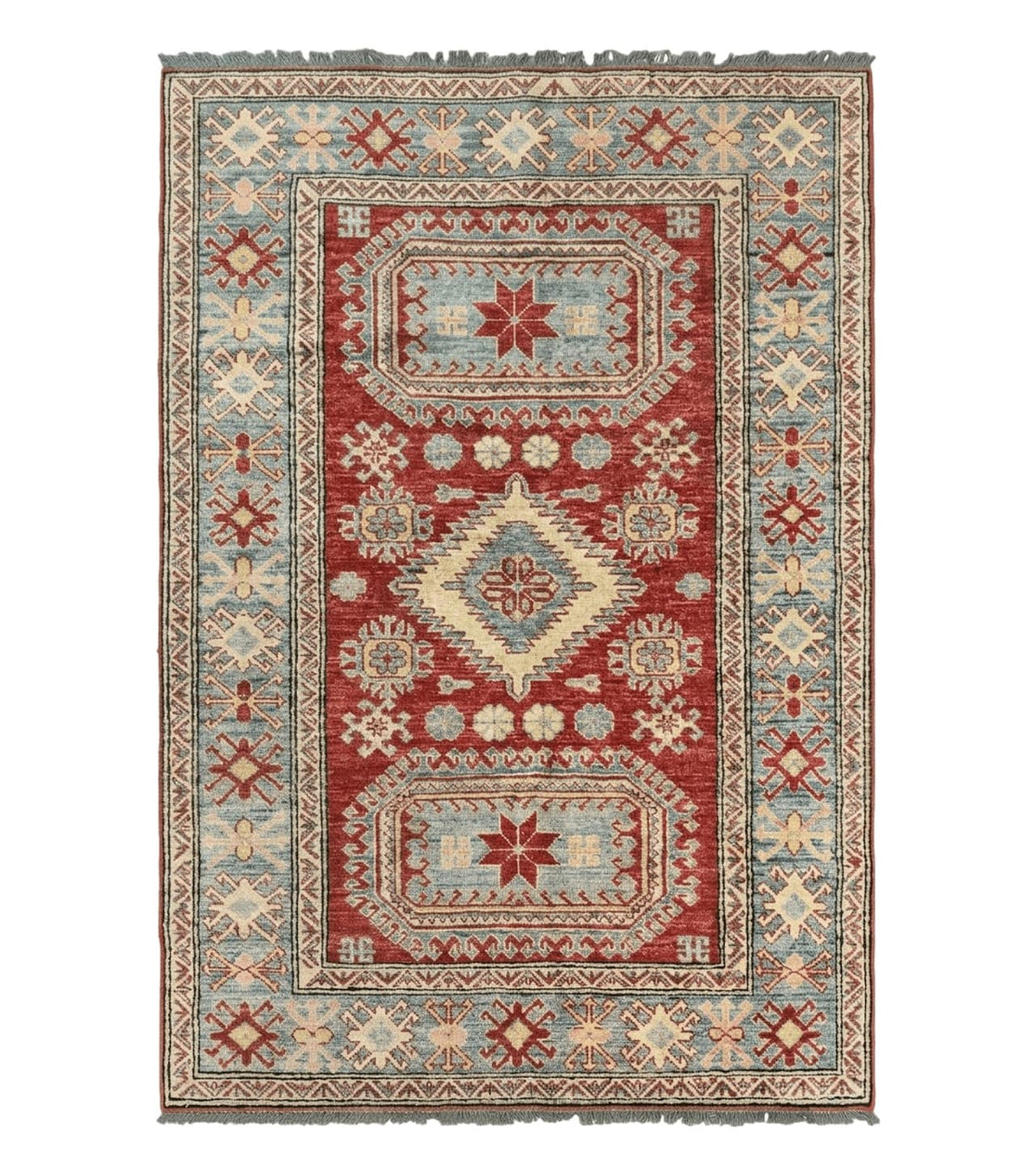 Turkish Kazak Rug 4x6, Handmade Vintage Wool Carpet, Geometric Design, Red and Light Blue - Jewel Rugs