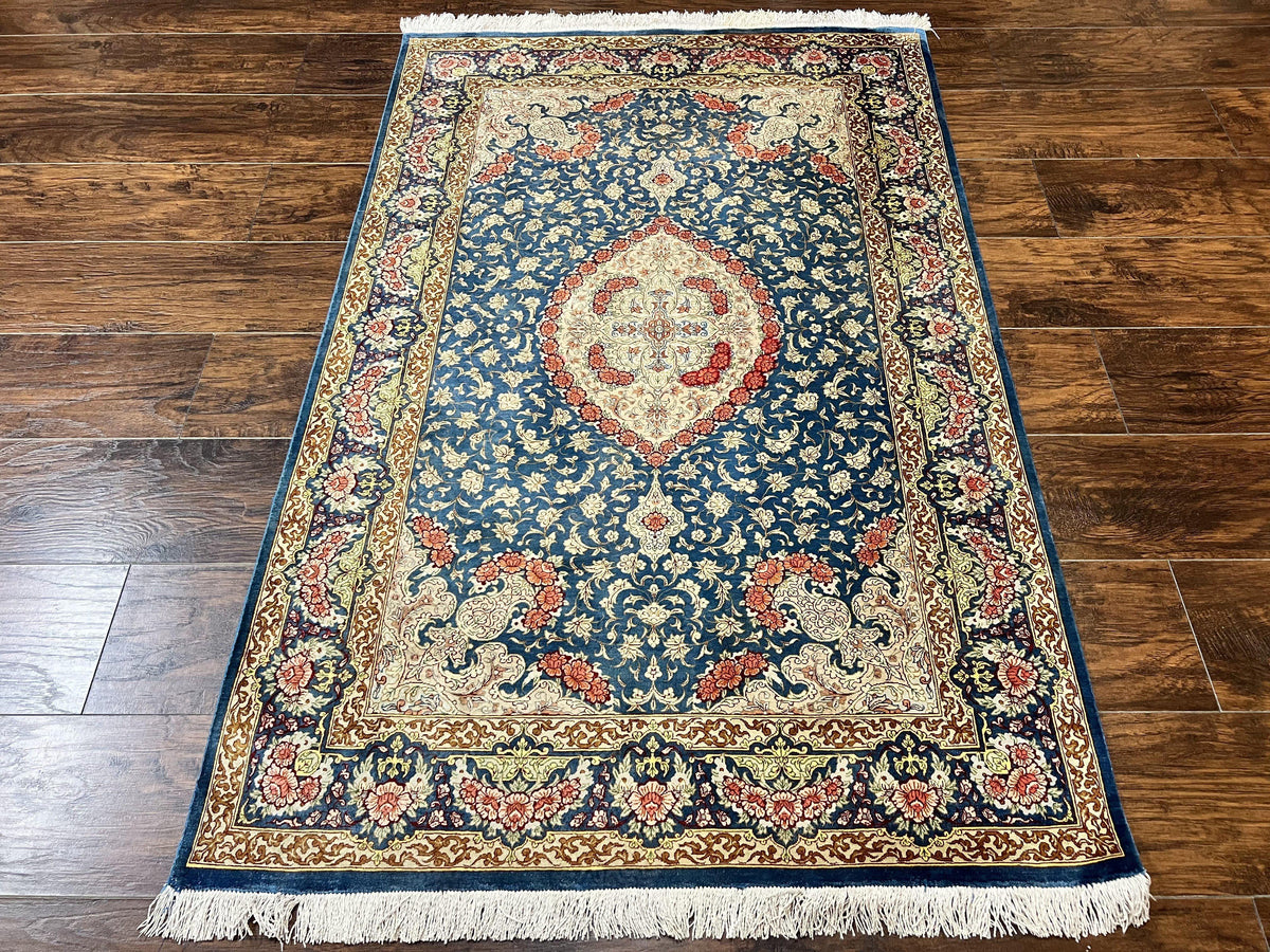 Magnificent Persian Qum Silk Rug 3x5, Blue, Super Fine 675 KPSI - 70 Raj, Floral Roses, Handmade Vintage Silk Carpet, Masterpiece - Jewel Rugs